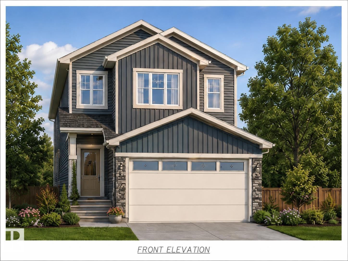 Two-story residence featuring a combination of vertical and horizontal siding, stone accents, and a two-car garage with transom windows - 1095 Starling Drive, Edmonton, AB