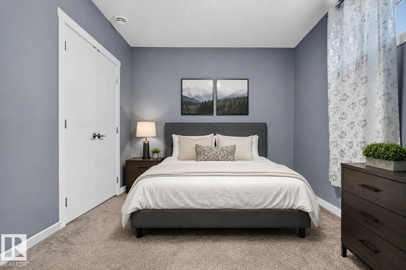 Carpeted room with a gray upholstered bed frame, a white panel door with dark hardware, and cool-toned wall paint - 704 39 Street, Edmonton, AB