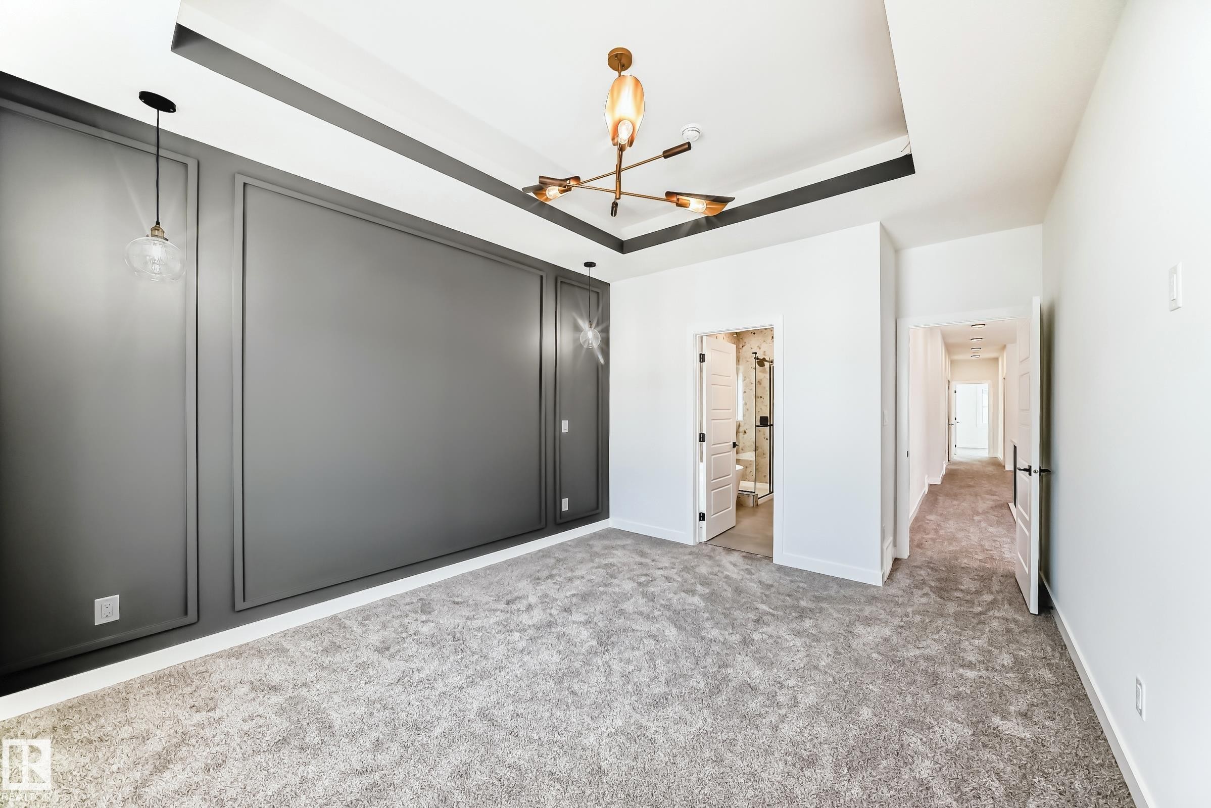 Tray ceiling with accent trim, plush grey carpeting, and decorative wall paneling - 341 Roberts Wynd, Leduc, AB