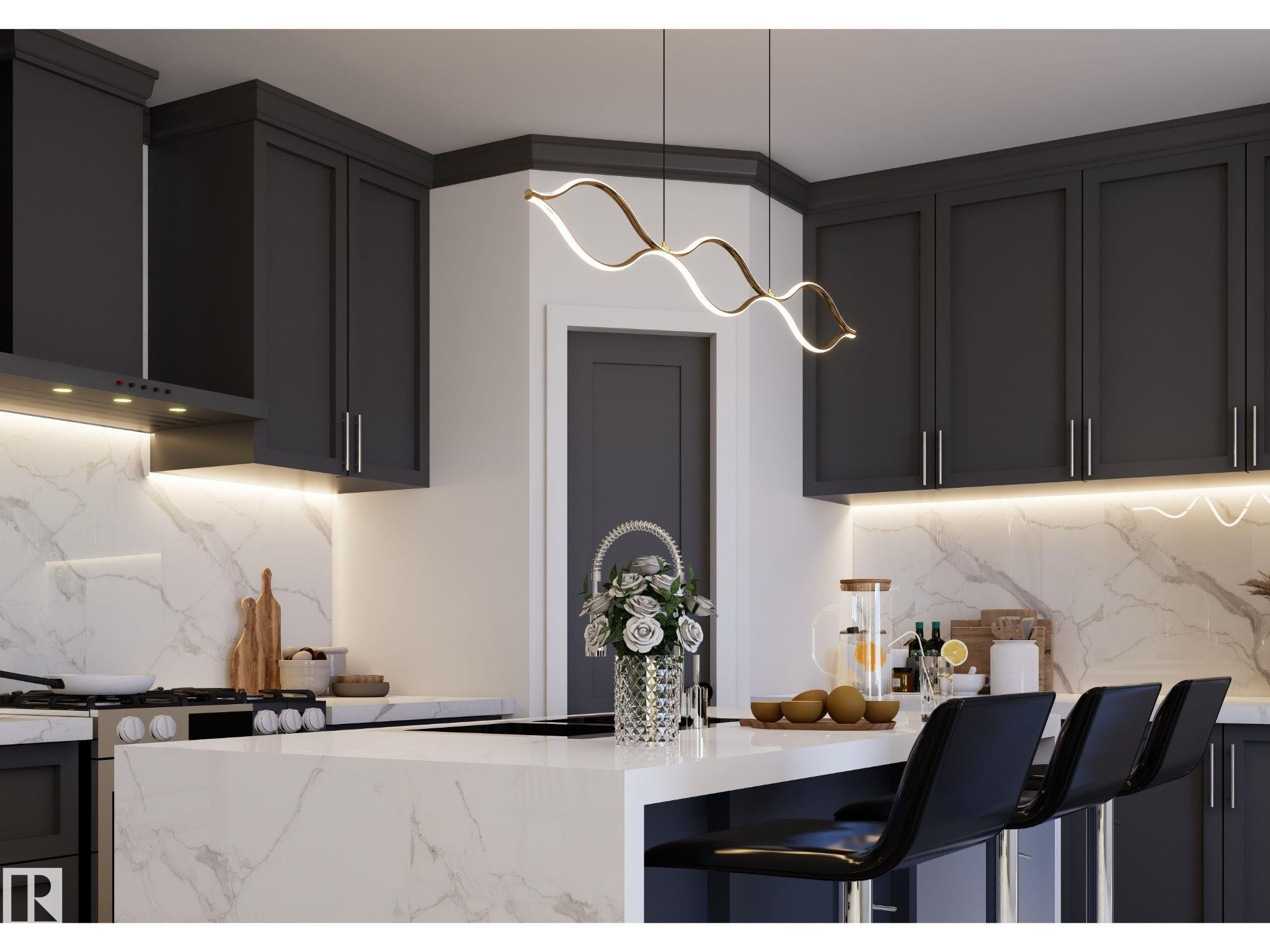 Contemporary kitchen featuring dark cabinetry with crown molding, a stainless steel range with matching hood, and quartz countertops extending to a central island with integrated seating - 10919 106 Ave, Westlock, AB