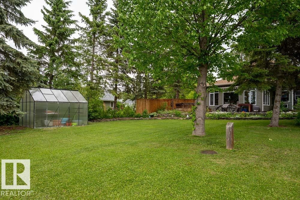 Expansive grassy yard featuring a clear-paneled greenhouse, mature trees, and a visible portion of the property's exterior with multiple windows - A38 Bernice Ave, Rural Leduc County, AB