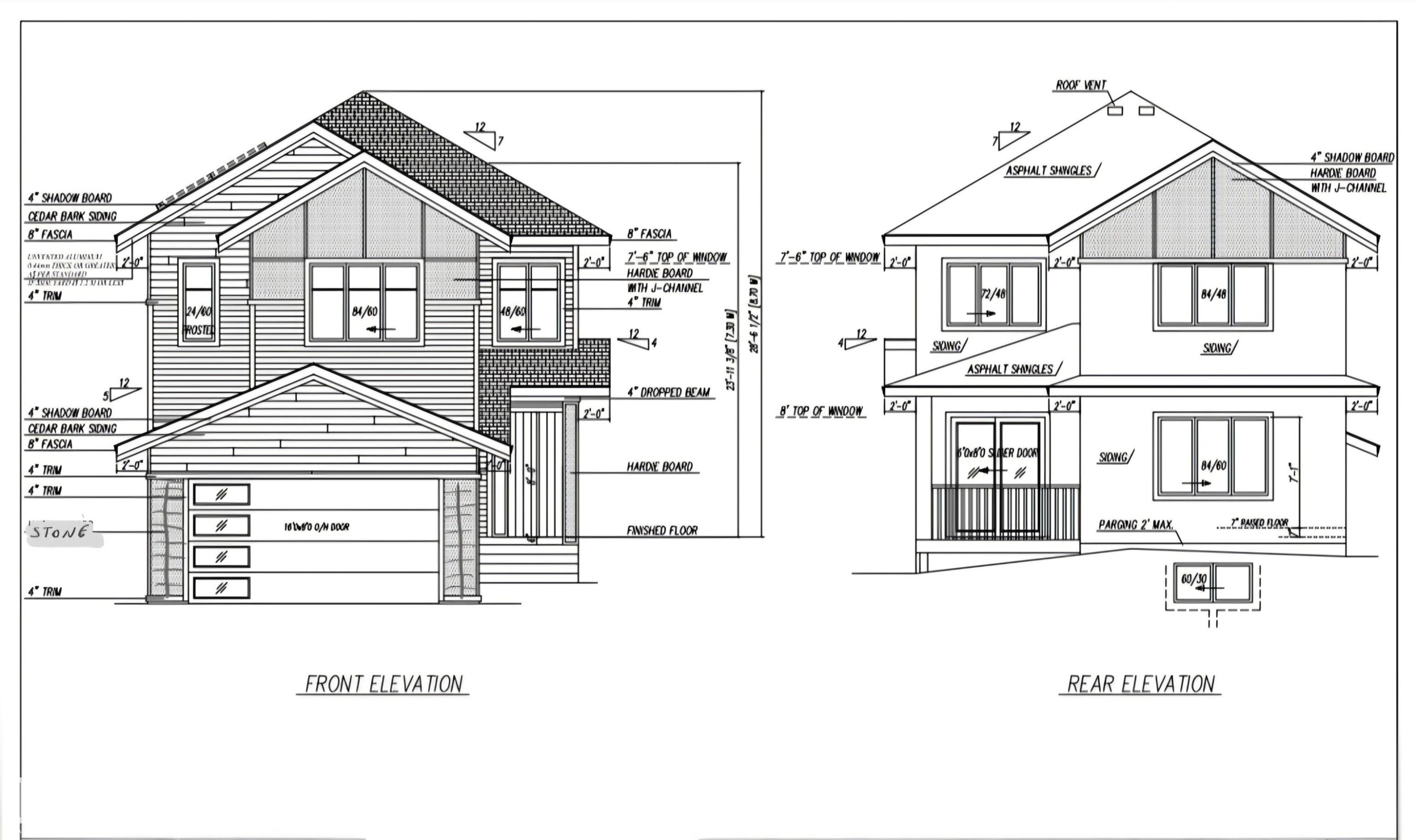 Architectural Blueprint. Presenting front and rear elevations of the property - 13140 187 Avenue, Edmonton, AB