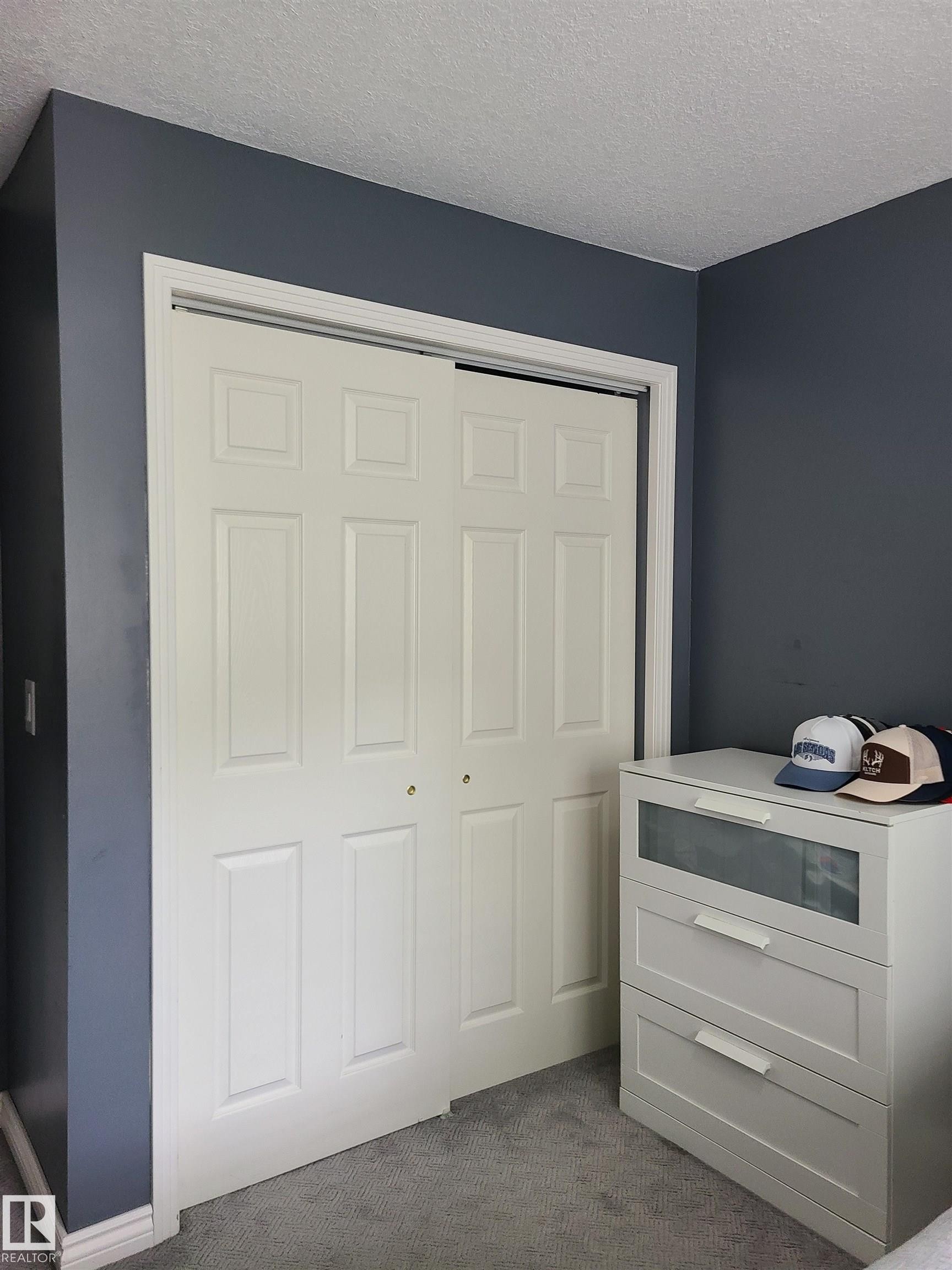 White bifold closet doors with paneled details, framed by white trim and a deep blue wall - 116 5005 165 Avenue, Edmonton, AB