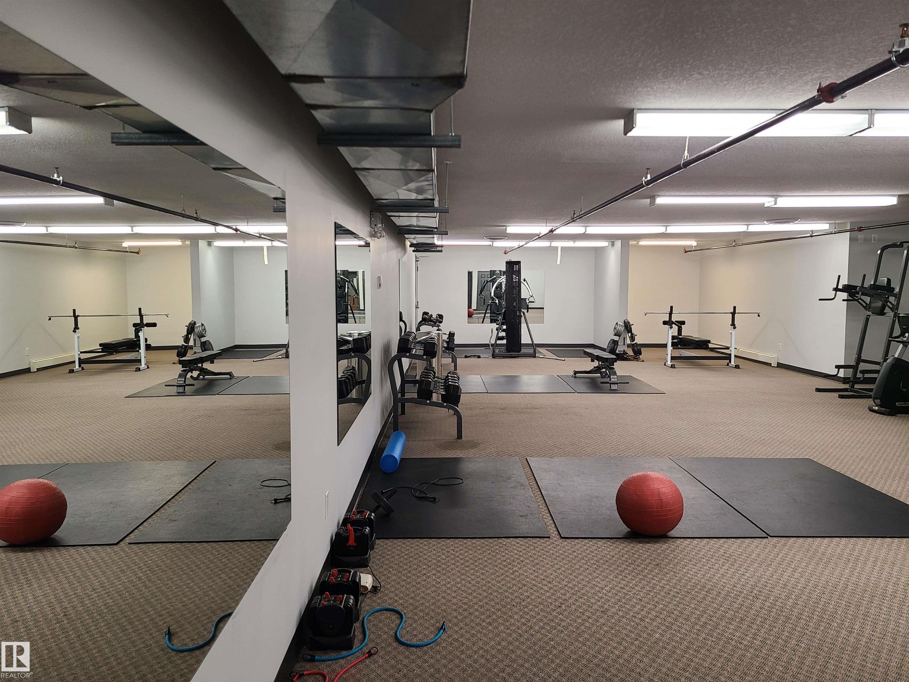 Fitness center with carpet flooring, extensive mirrored wall, and overhead fluorescent lighting - 116 5005 165 Avenue, Edmonton, AB