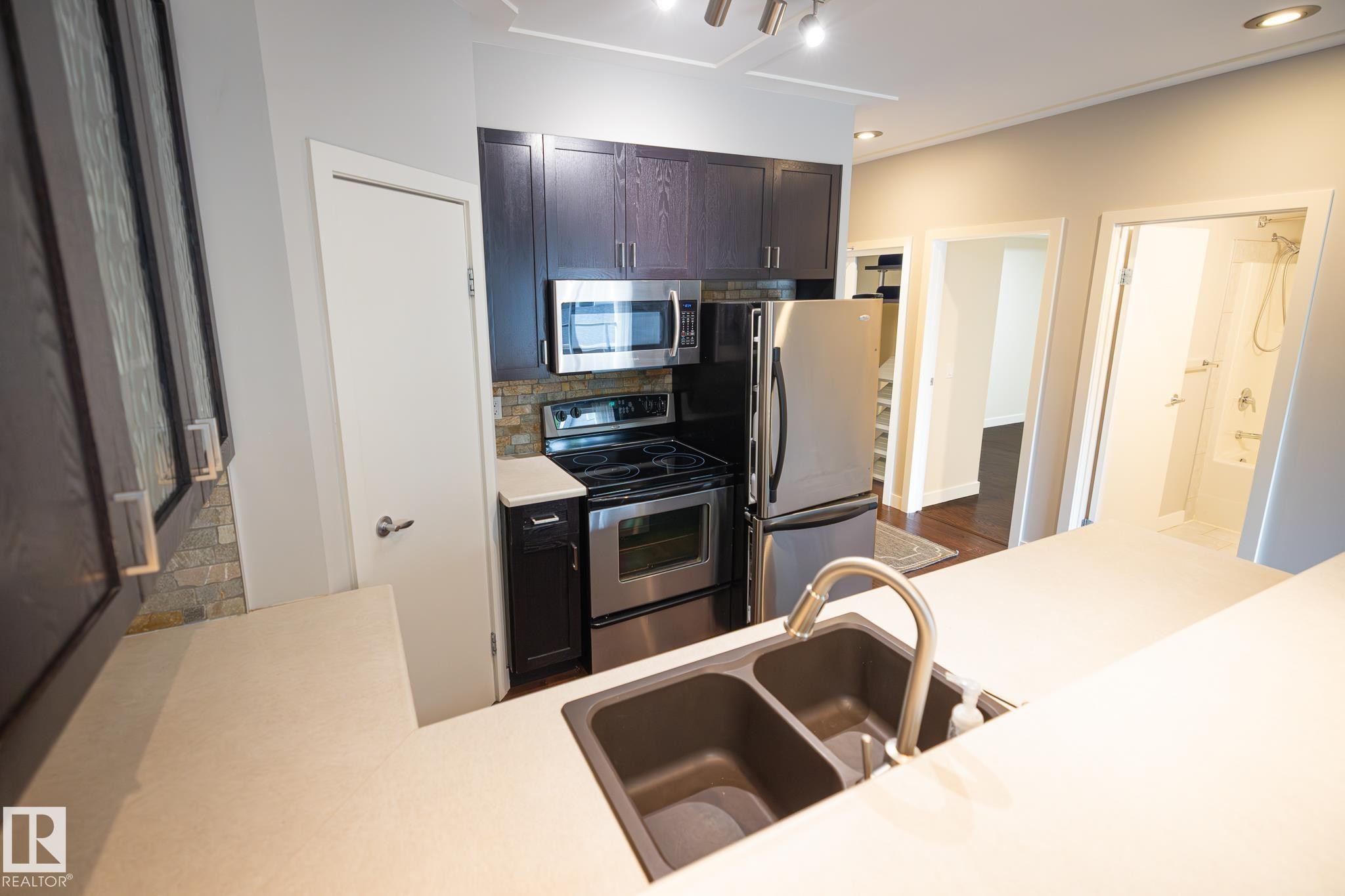 #207 9750 94 St Nw, Edmonton, AB - Indoor Photo Showing Kitchen With Stainless Steel Kitchen With Double Sink