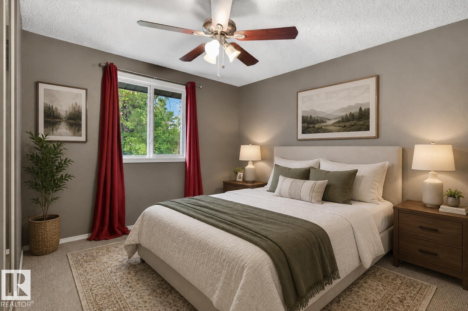 Carpeted bedroom featuring a ceiling fan with integrated lighting, a window with red drapery, and neutral-toned walls - 13427 114 Street Nw, Edmonton, AB