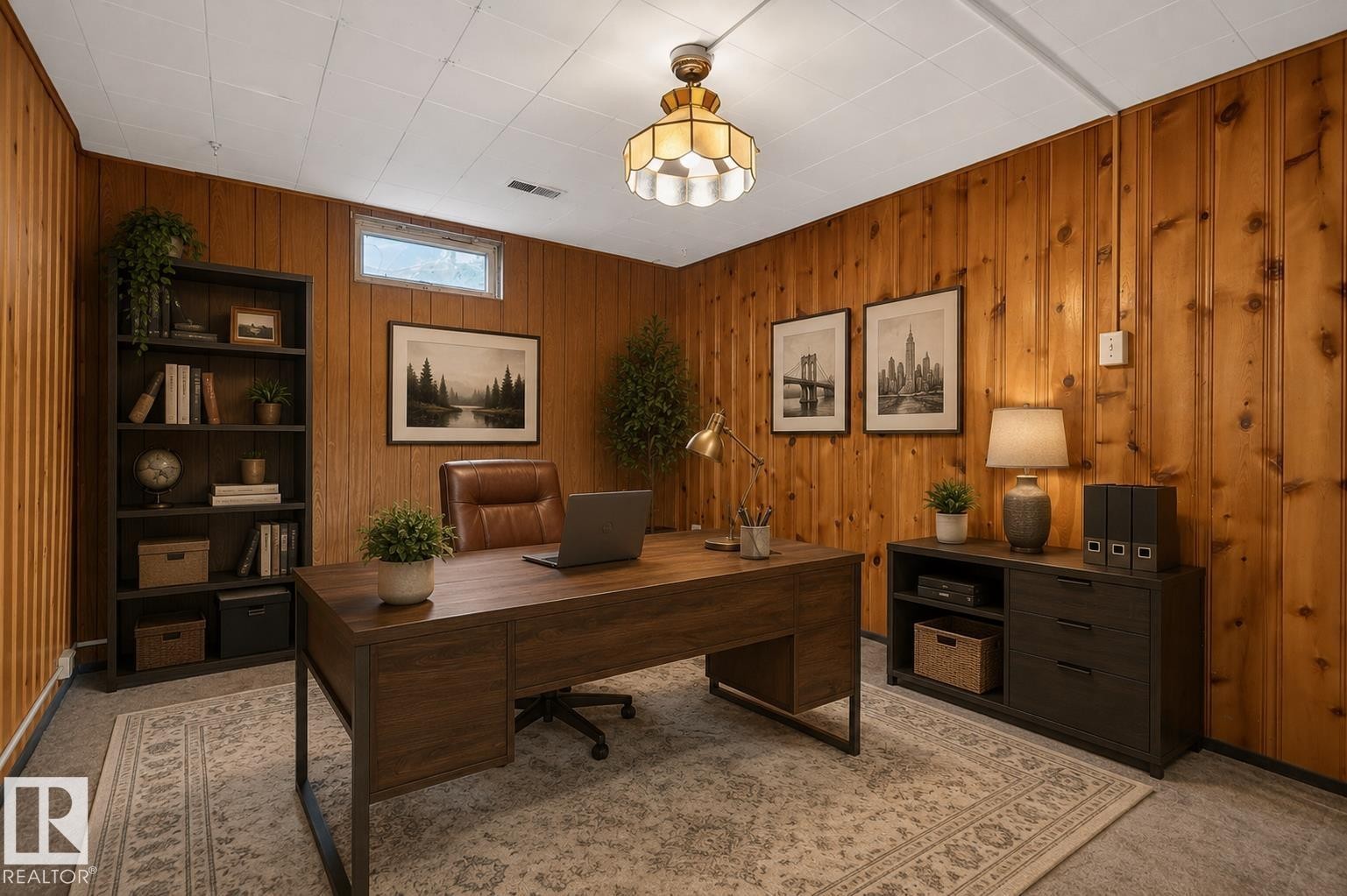 Wood-paneled room with a window, overhead lighting, and carpeted flooring - 13427 114 Street Nw, Edmonton, AB