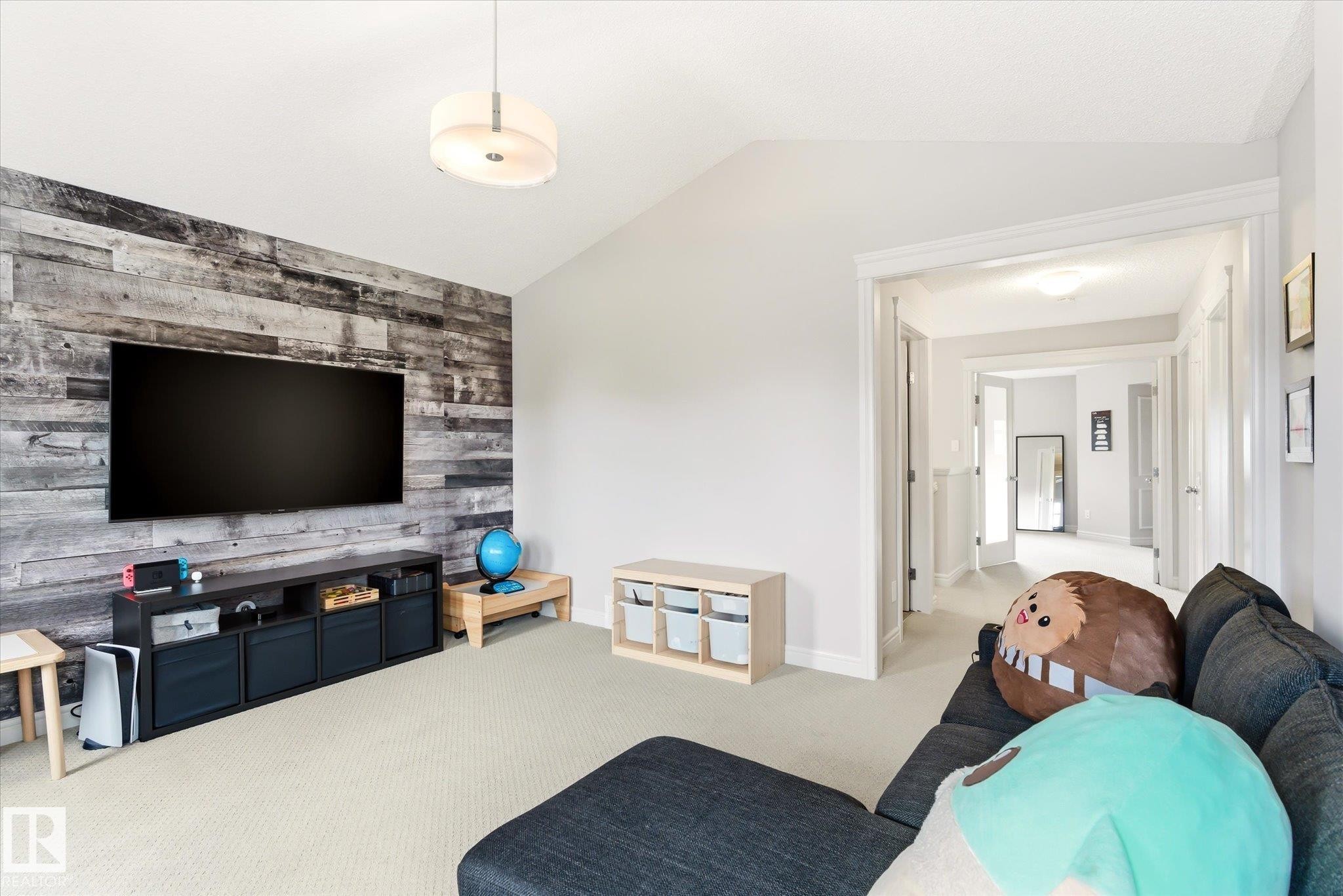 Accent wall with distressed wood paneling - 3685 Westcliff Way, Edmonton, AB