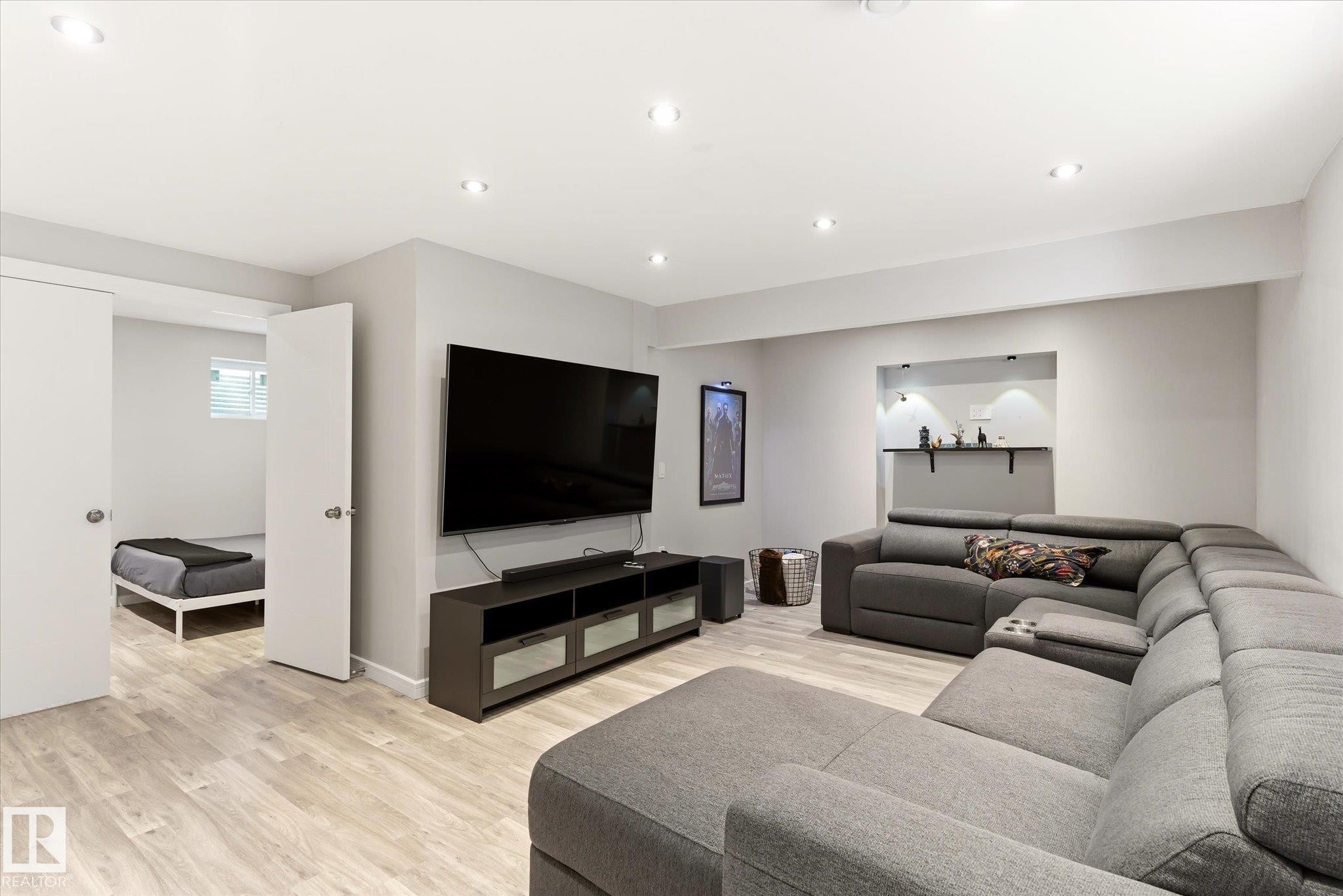 Spacious recreational area featuring recessed lighting and wood-finish flooring - 3685 Westcliff Way, Edmonton, AB
