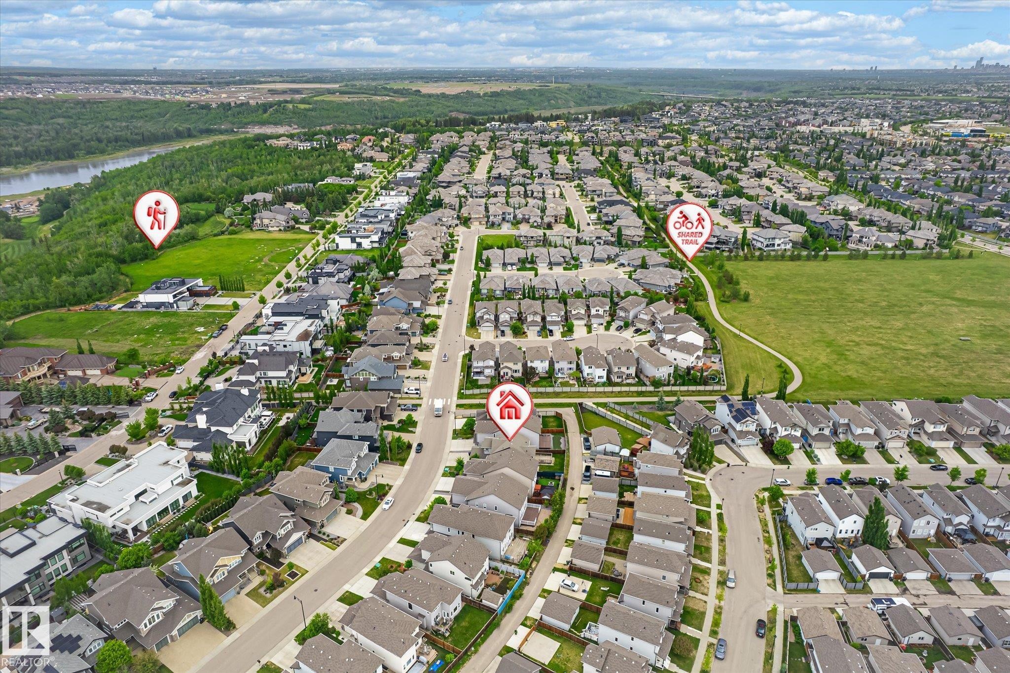 Residential neighborhood setting featuring an array of single-family homes with varying architectural styles and rooflines - 3685 Westcliff Way, Edmonton, AB