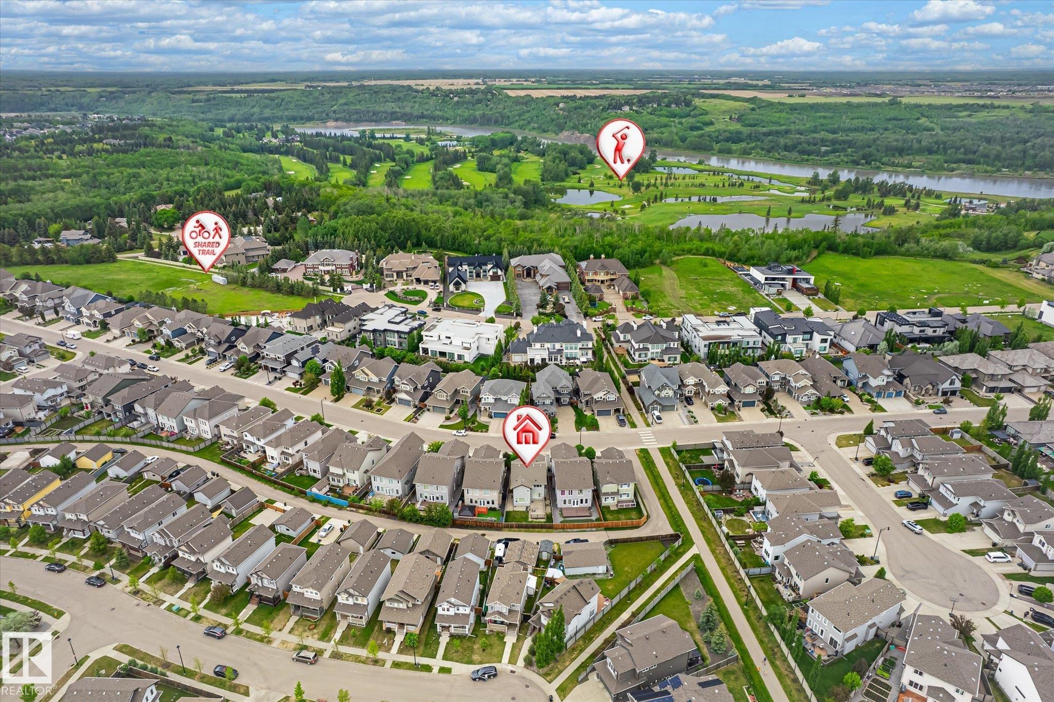 Aerial depiction of a residential community featuring diverse architectural styles - 3685 Westcliff Way, Edmonton, AB