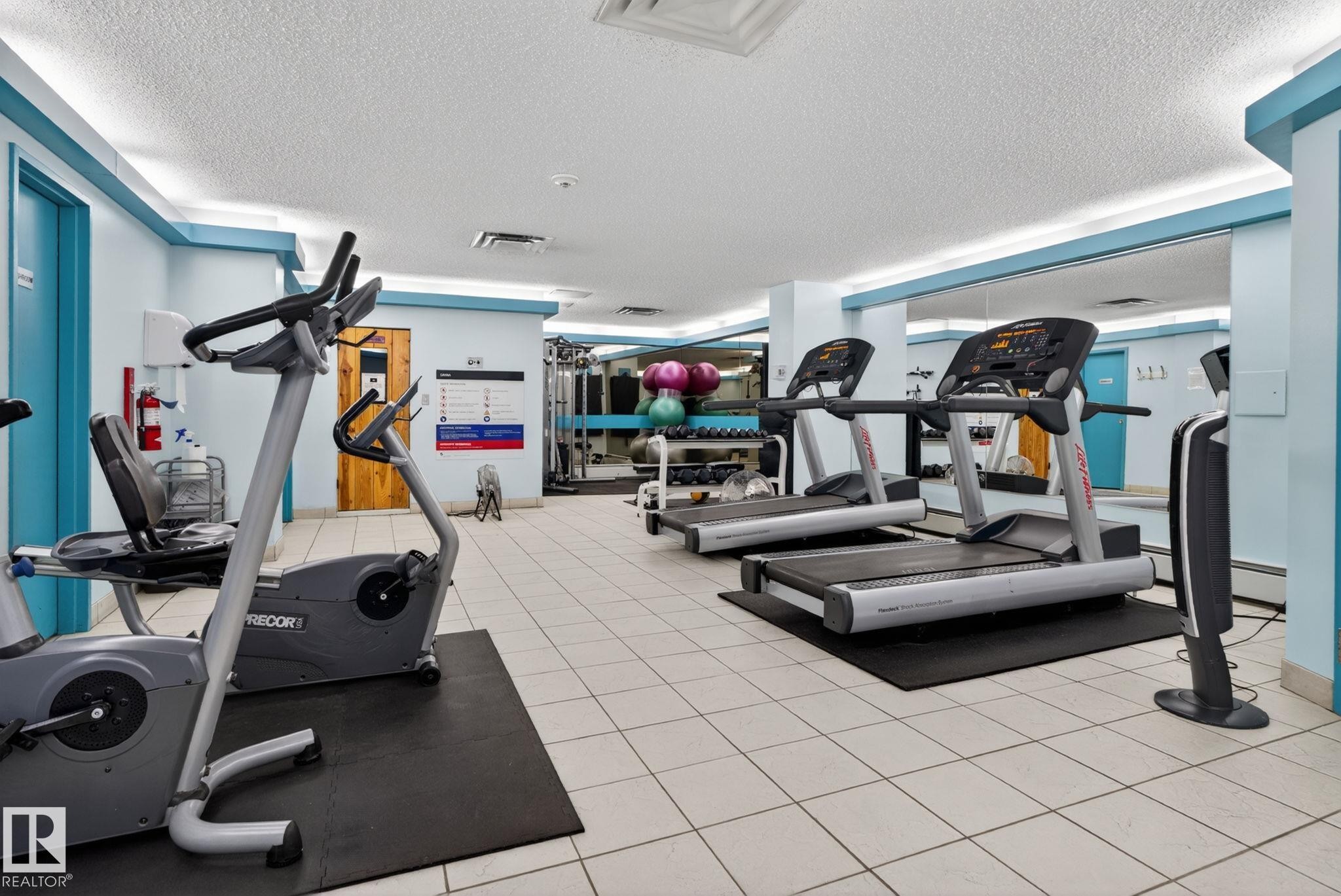 Fitness center featuring tiled flooring, a mirrored wall, and a selection of exercise equipment including treadmills and stationary bikes - #412 13910 Stony Plain Rd Nw, Edmonton, AB - Indoor Photo Showing Gym Room