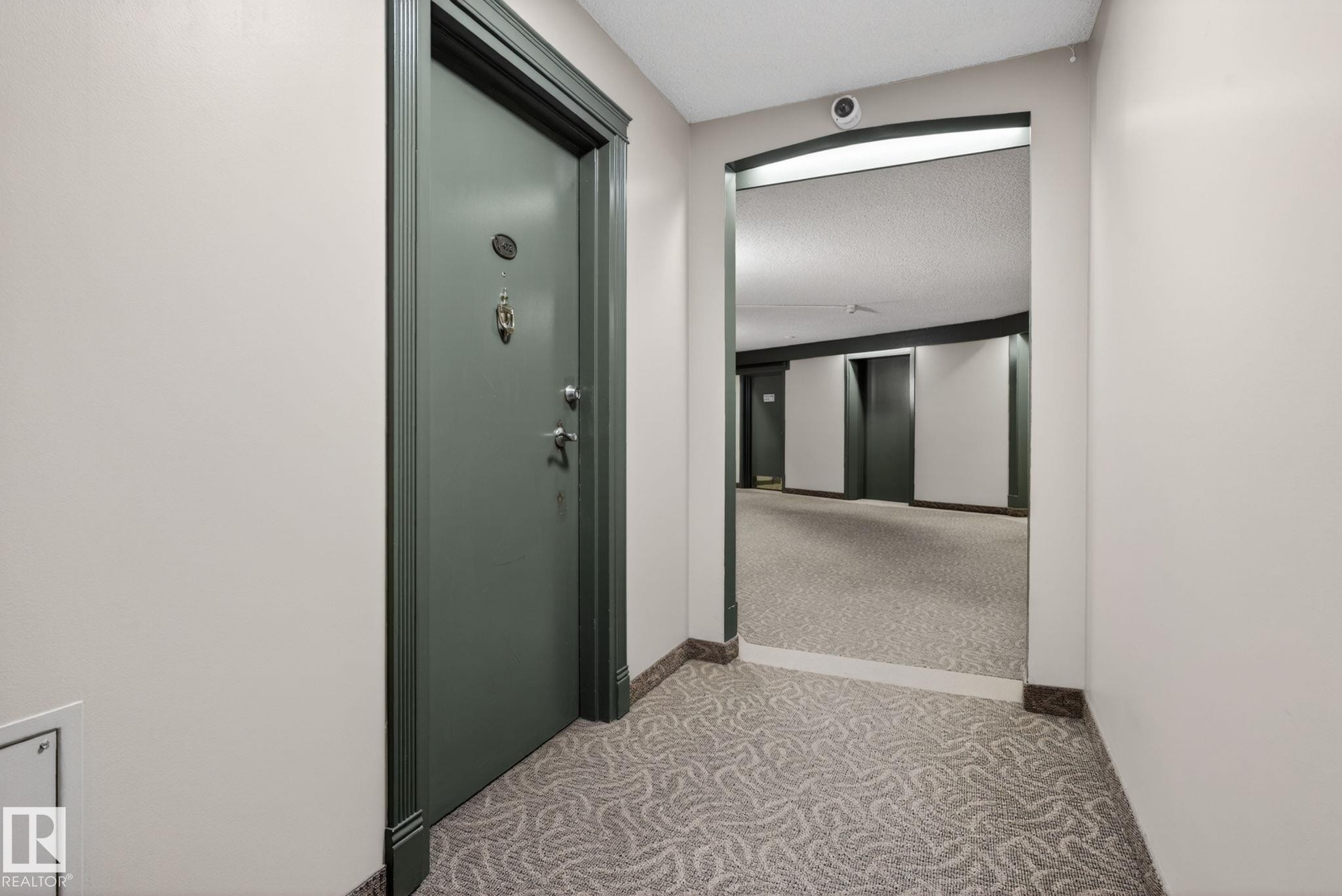 Entryway featuring a solid door with decorative hardware, a patterned carpet, and a marble baseboard - #412 13910 Stony Plain Rd Nw, Edmonton, AB - Indoor Photo Showing Other Room