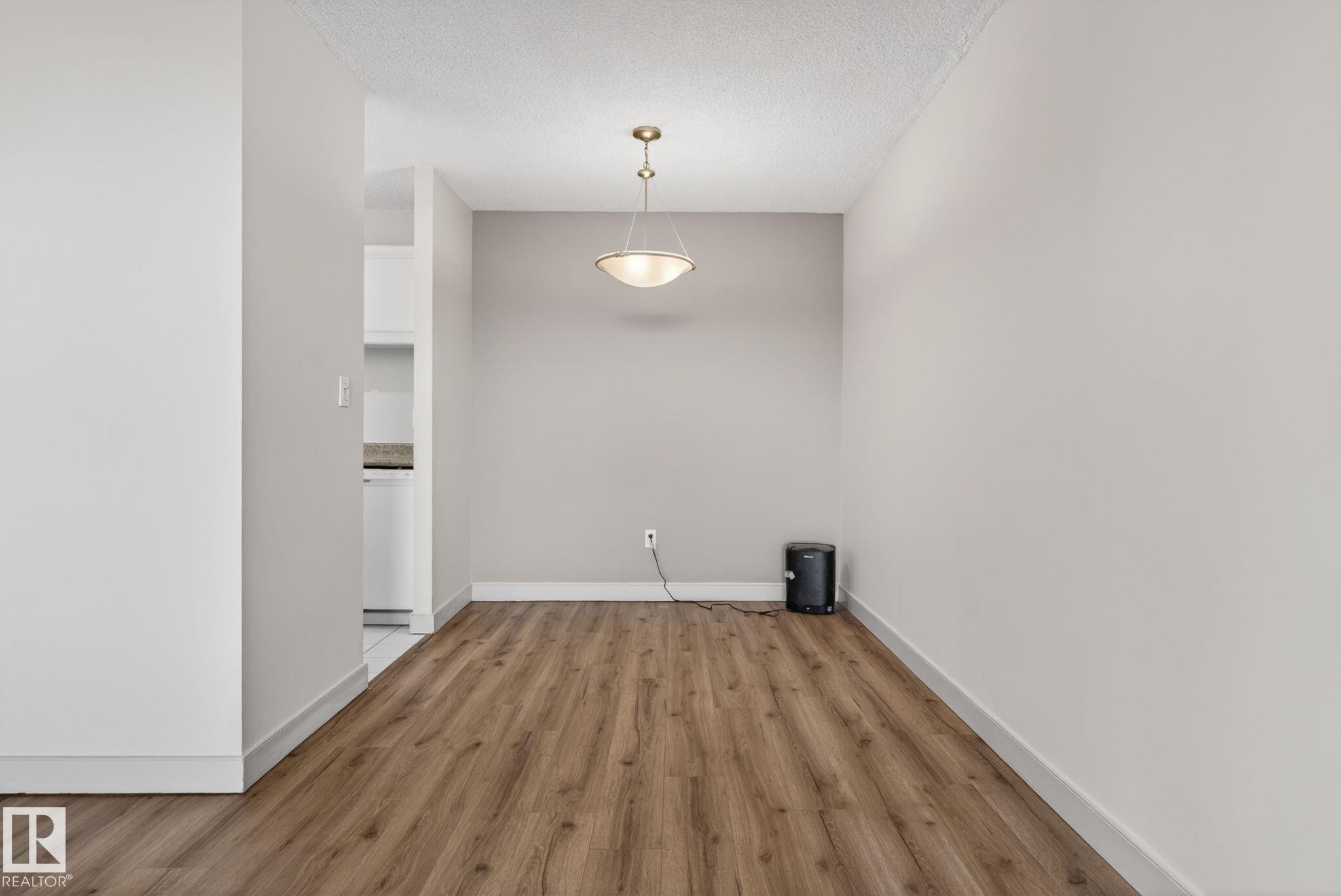 Dining area featuring wood-finish flooring and a contemporary ceiling light fixture - #412 13910 Stony Plain Rd Nw, Edmonton, AB - Indoor Photo Showing Other Room