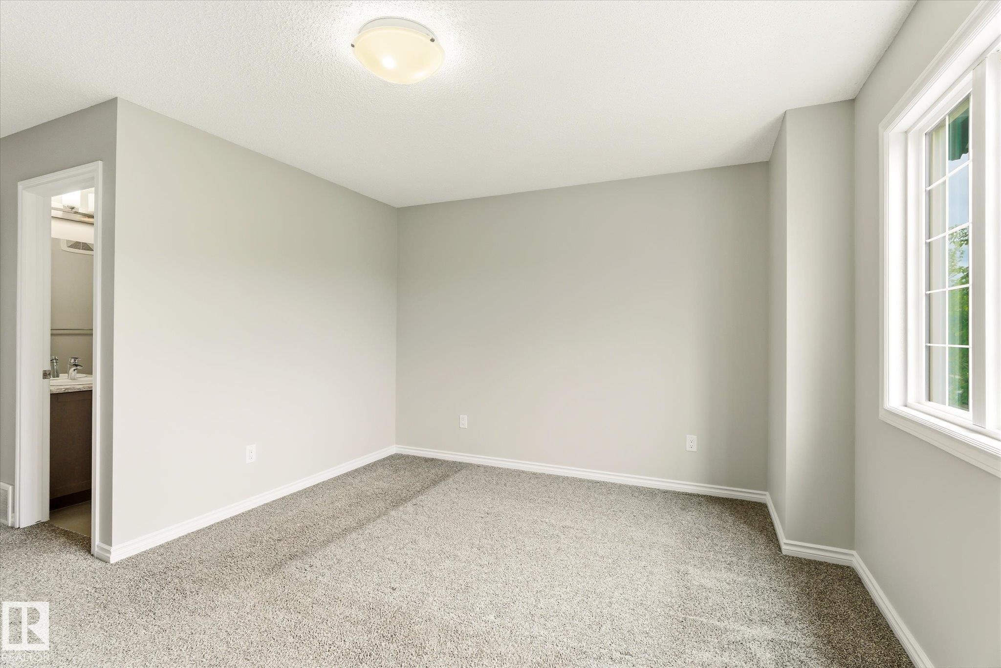 Carpeted room featuring light gray walls, white trim, and a multi-pane window - 9039 219 Street, Edmonton, AB