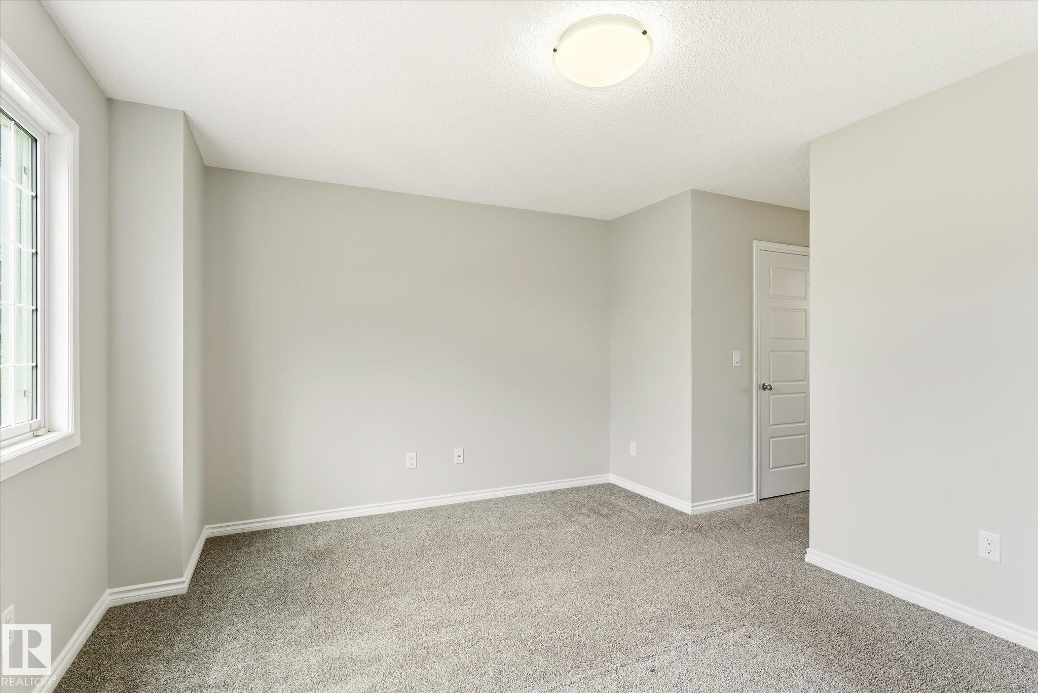 Room featuring light gray wall paint, gray carpet flooring, white baseboards, and a white ceiling with a flush-mount light fixture - 9039 219 Street, Edmonton, AB