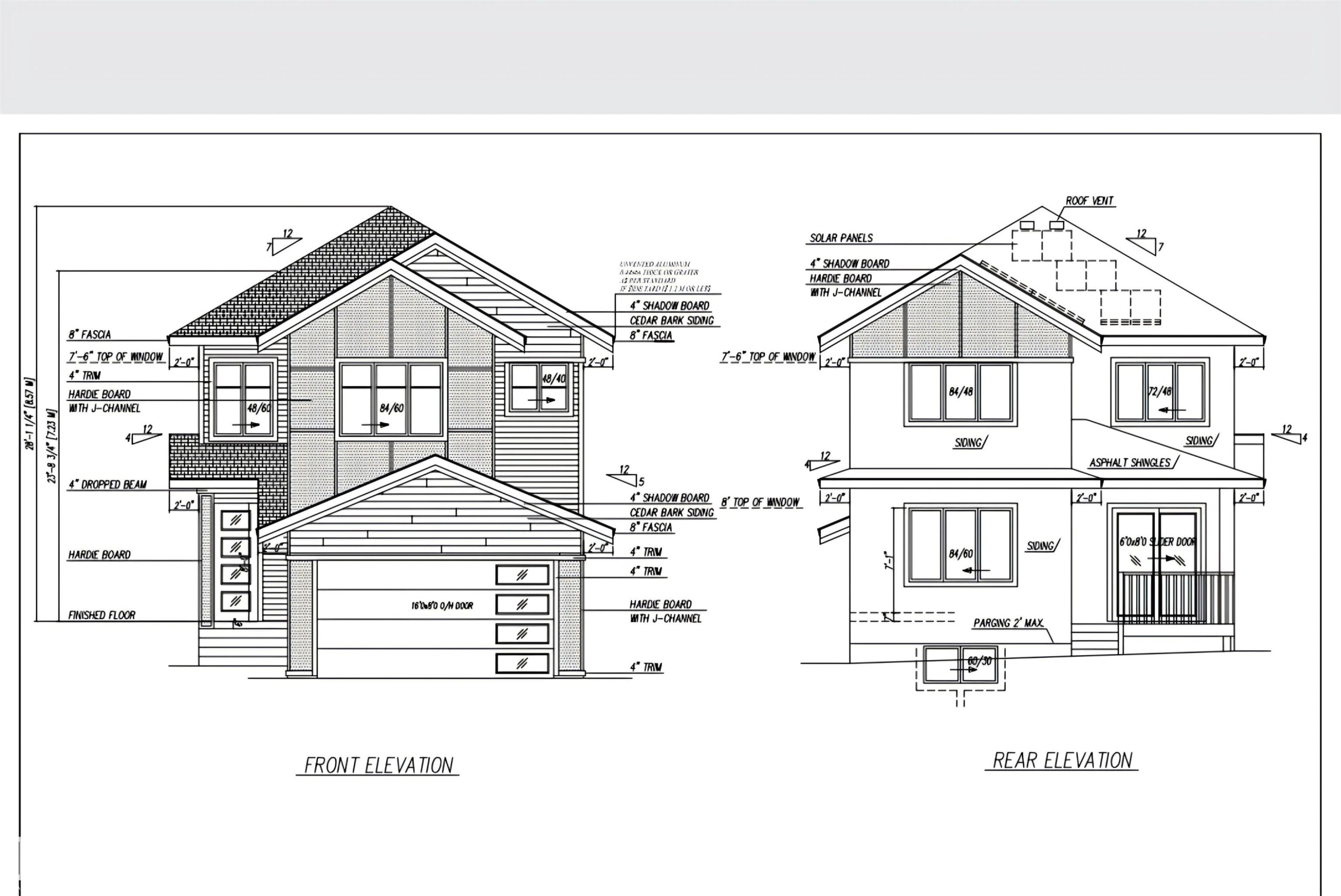 Architectural Drawings. Front and rear elevations of the property with material and dimension specifications - 13123 187 Avenue, Edmonton, AB