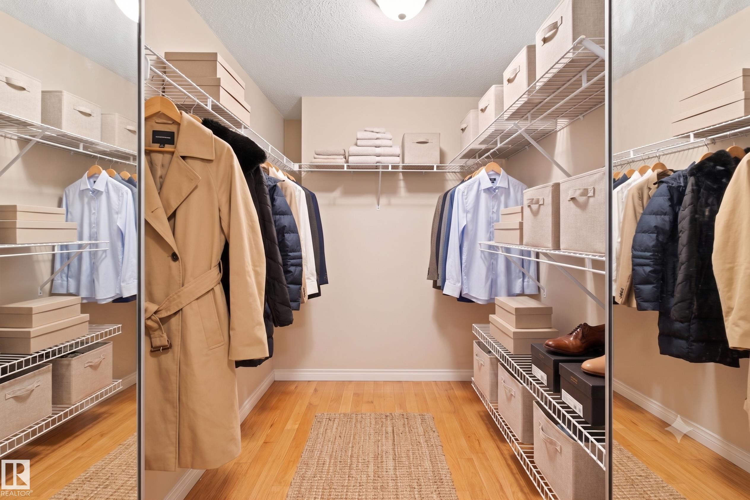 Walk-in closet featuring hardwood flooring, extensive wire shelving, multiple hanging rods, and a ceiling-mounted light fixture - 305 11111 82 Avenue, Edmonton, AB