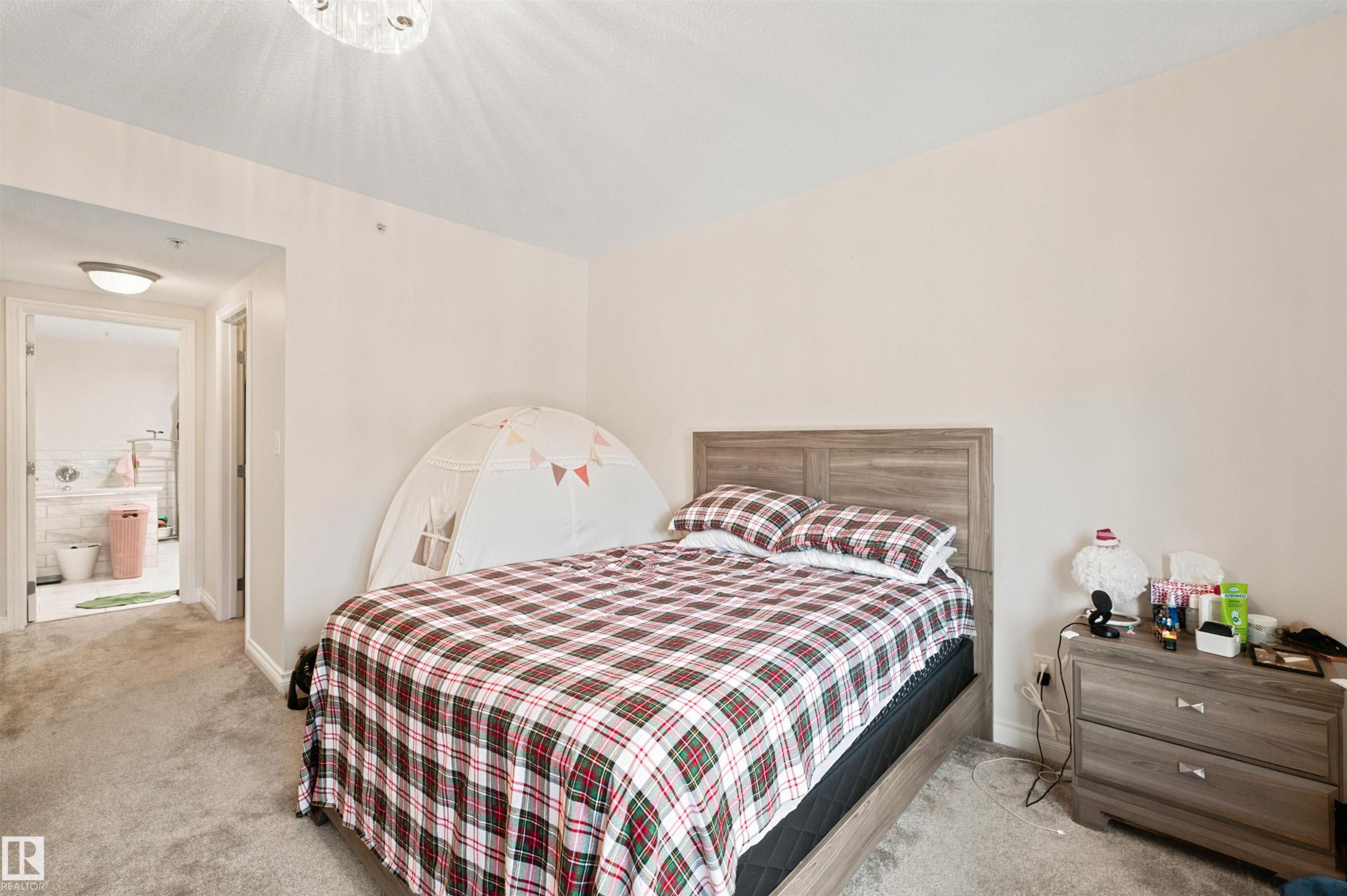 Carpeted bedroom featuring a wood-finish bed frame, a coordinating nightstand with drawer storage, and a ceiling-mounted light fixture - 305 11111 82 Avenue, Edmonton, AB