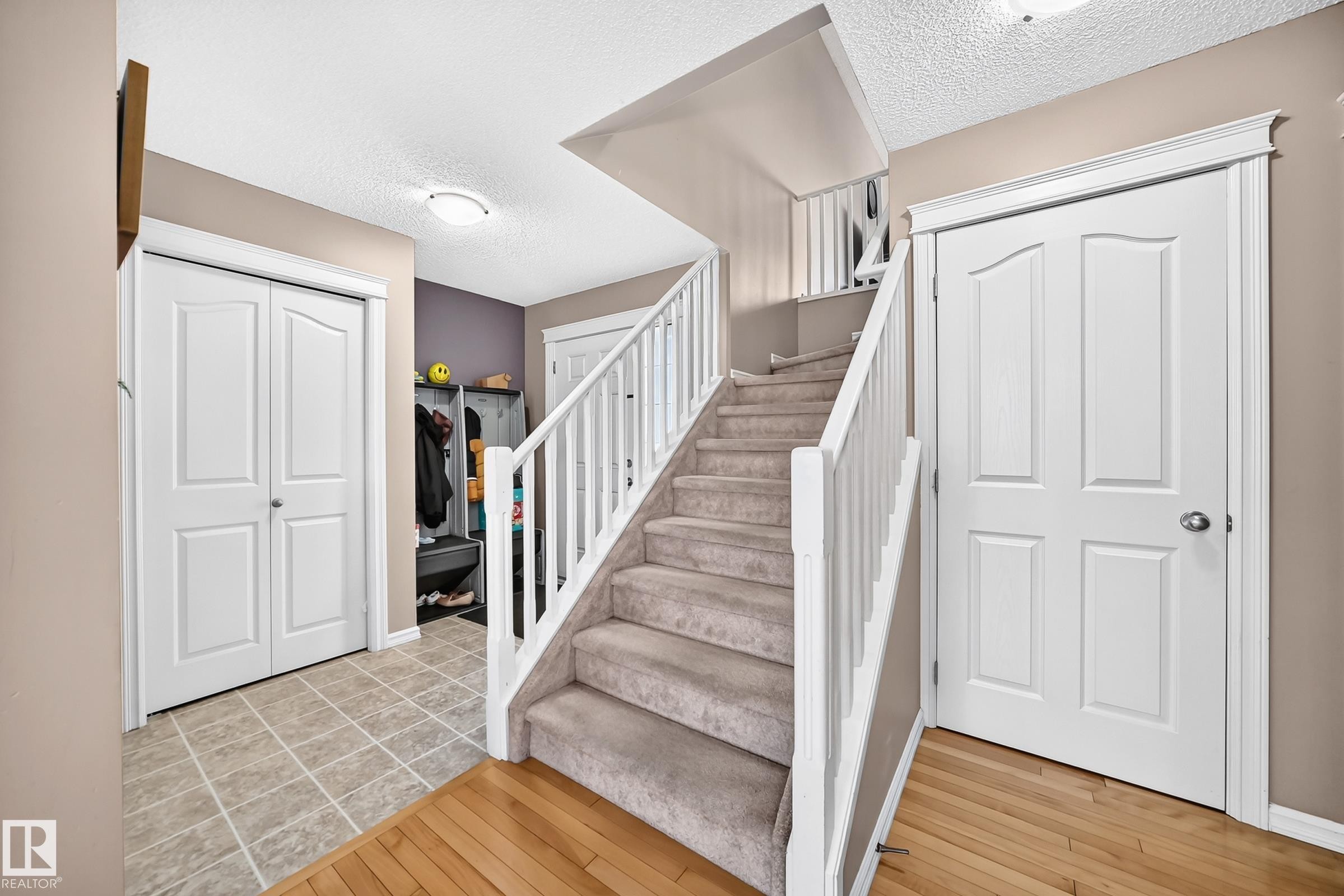 Carpeted staircase with white balusters leading to upper levels - 3224 26 Street, Edmonton, AB