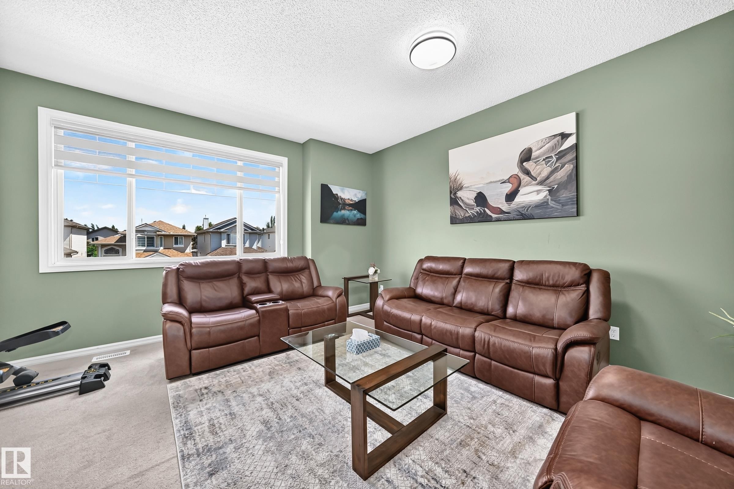 Bright living area featuring a large window with white framing, carpeted flooring, and a flush-mount ceiling light fixture - 3224 26 Street, Edmonton, AB