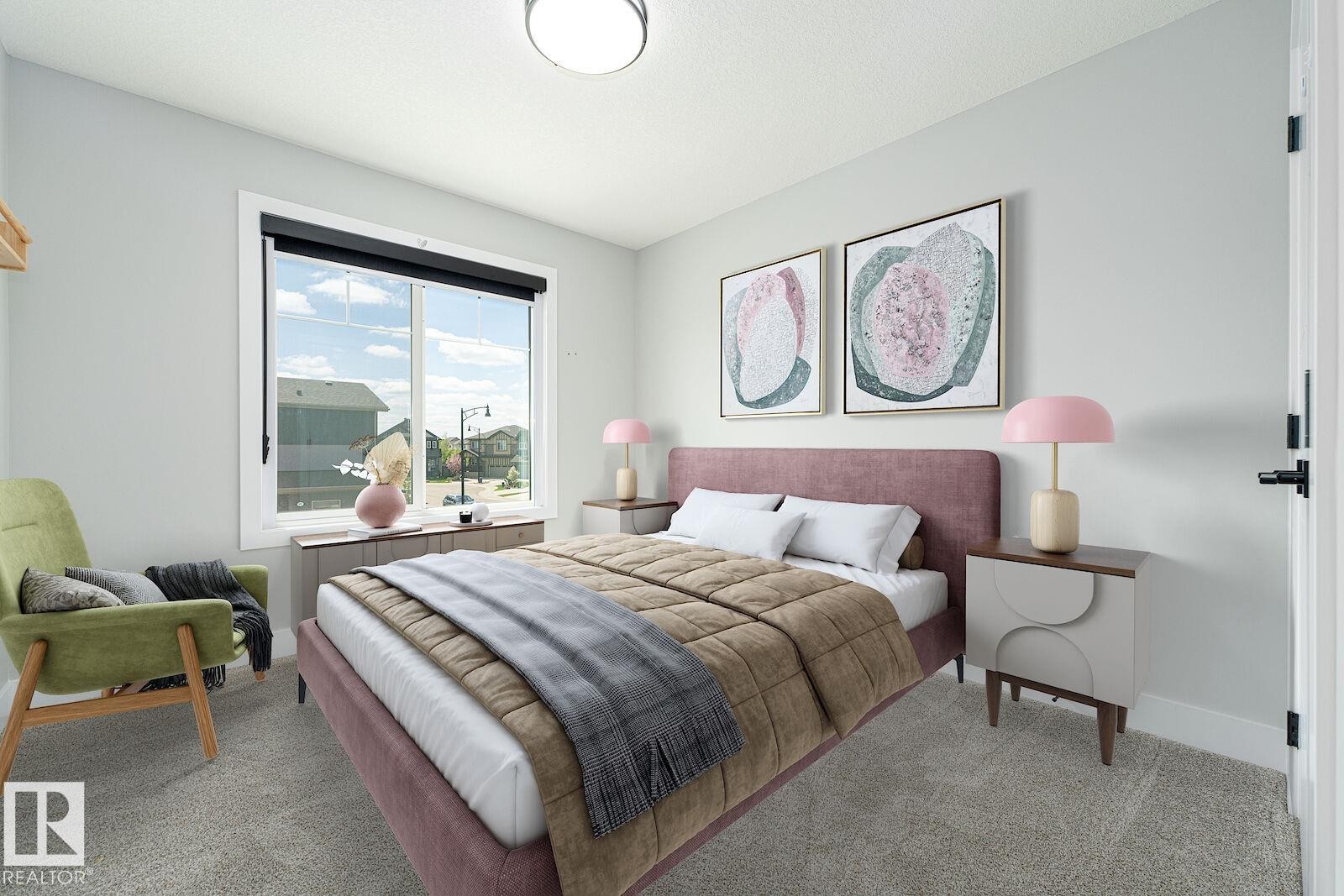 Carpeted bedroom featuring a large window, white trim, and light gray walls - 17320 9 Avenue, Edmonton, AB