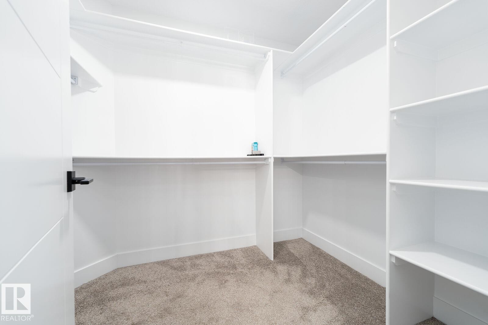 Spacious walk-in closet featuring built-in shelving, multiple hanging rods, and plush carpet flooring - 17320 9 Avenue, Edmonton, AB