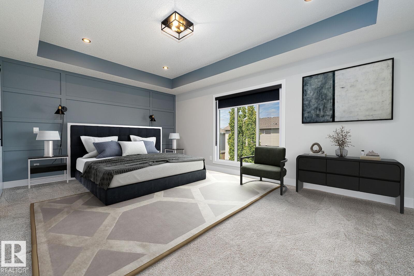 Recessed lighting illuminates a tray ceiling and a feature wall with board and batten paneling - 17320 9 Avenue, Edmonton, AB