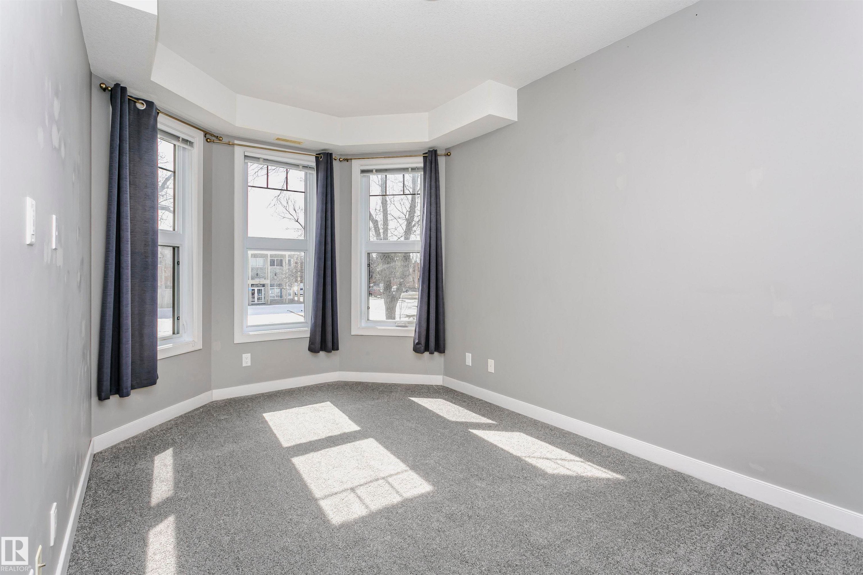 Room with a multi-pane bay window, neutral gray walls, light gray carpeting, and white baseboards - 211 10808 71 Avenue, Edmonton, AB