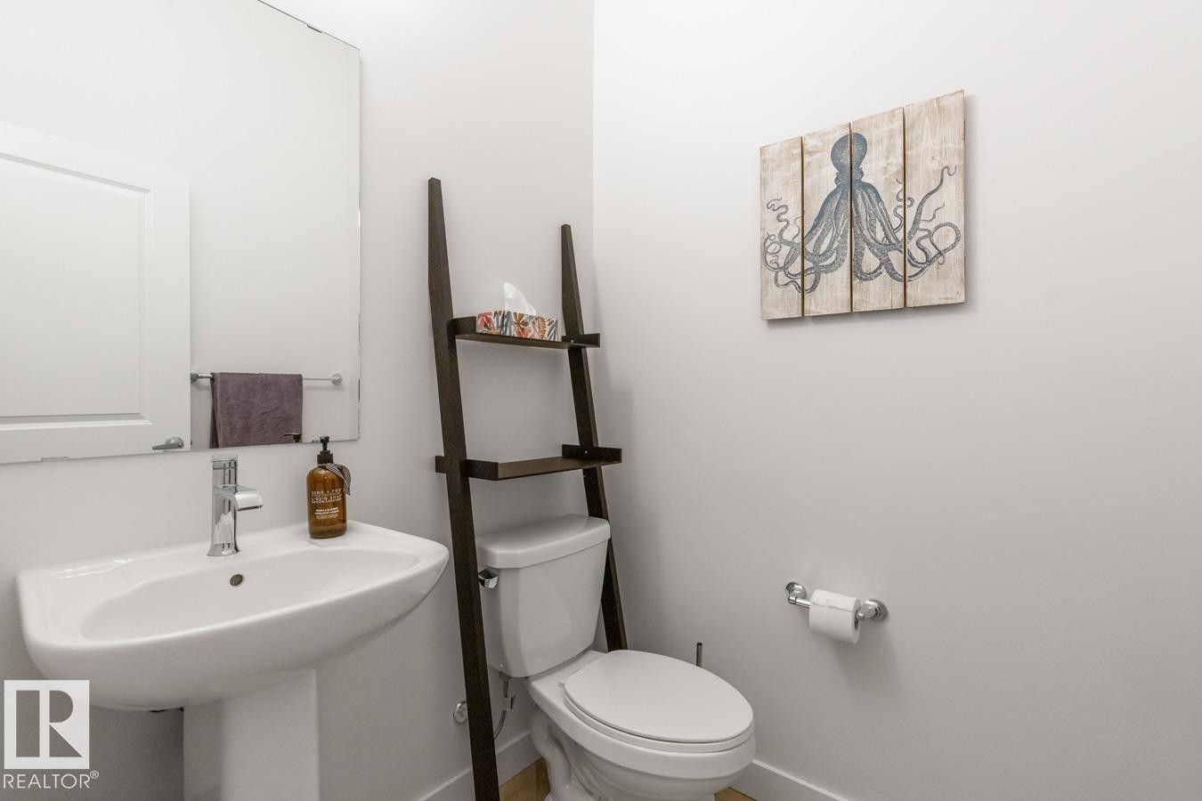 White pedestal sink with a chrome faucet, large frameless mirror, and a toilet with a dark wood-finish ladder shelf - 117 Paisley Gate Gate, Edmonton, AB