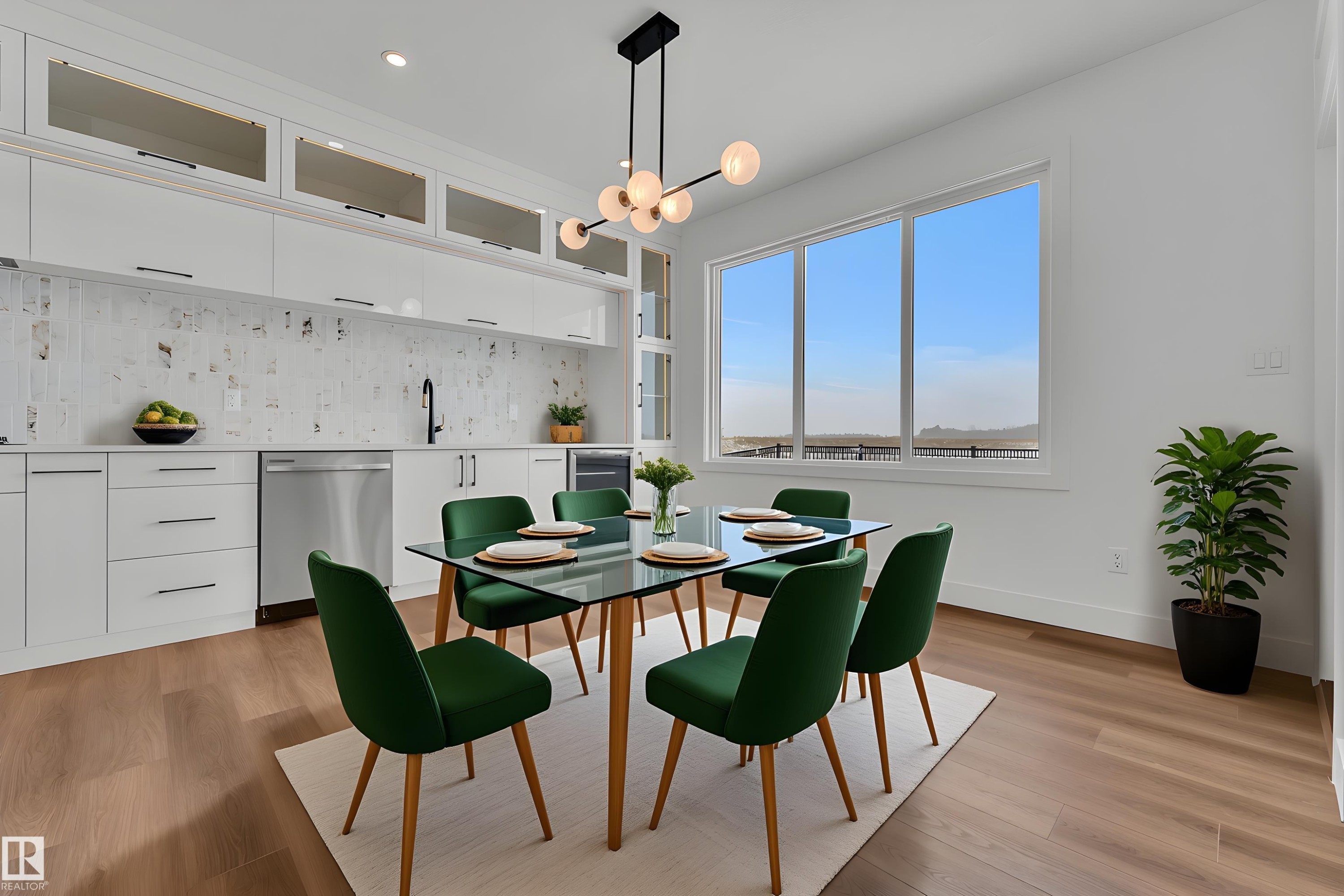 Open-concept dining area featuring a contemporary linear chandelier and wood-finish flooring - 501 Creekside Bay, Leduc, AB