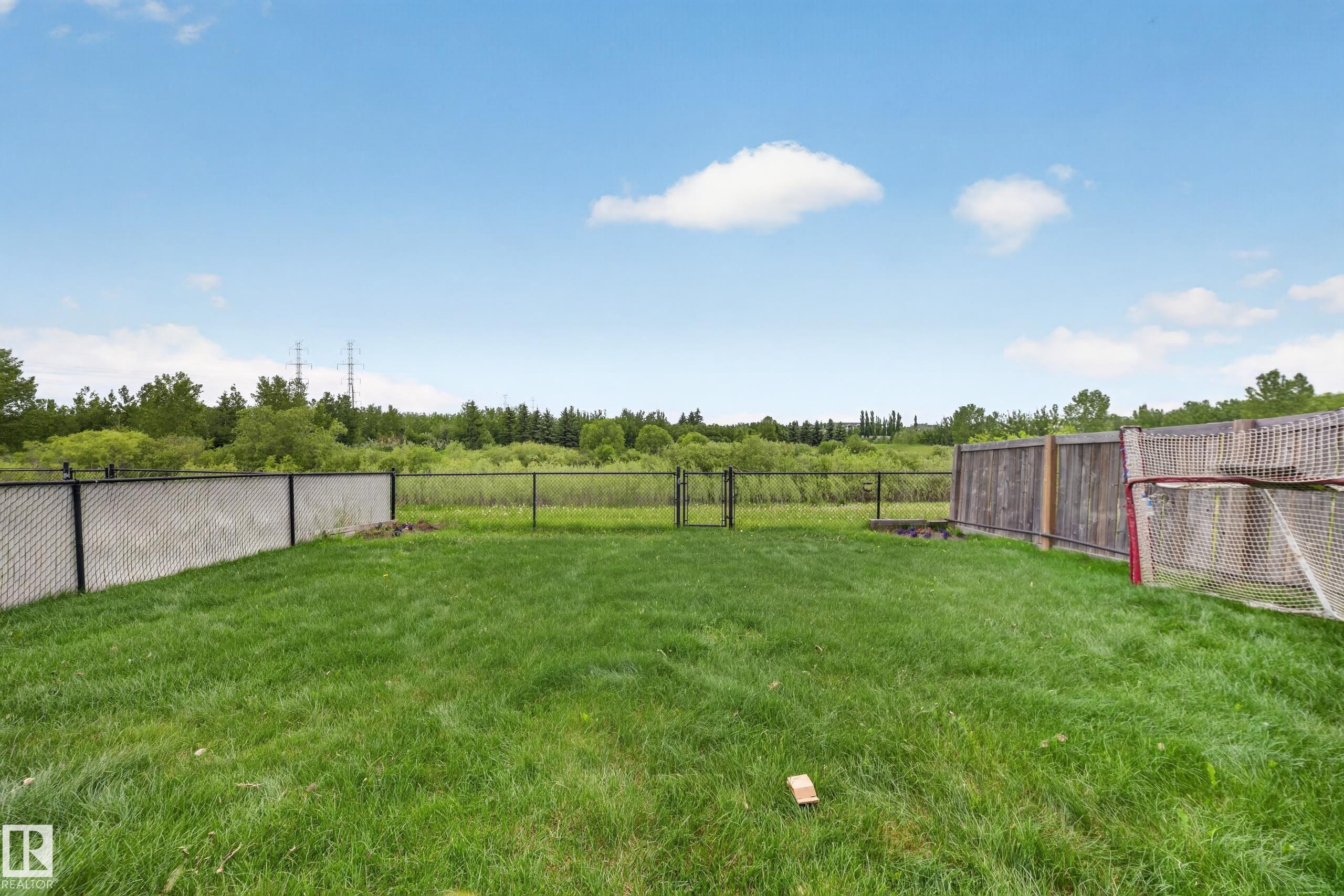Expansive green lawn featuring a chain-link fence, wood privacy fence, and a gate providing access to the adjacent natural area - 2518 33A Avenue, Edmonton, AB