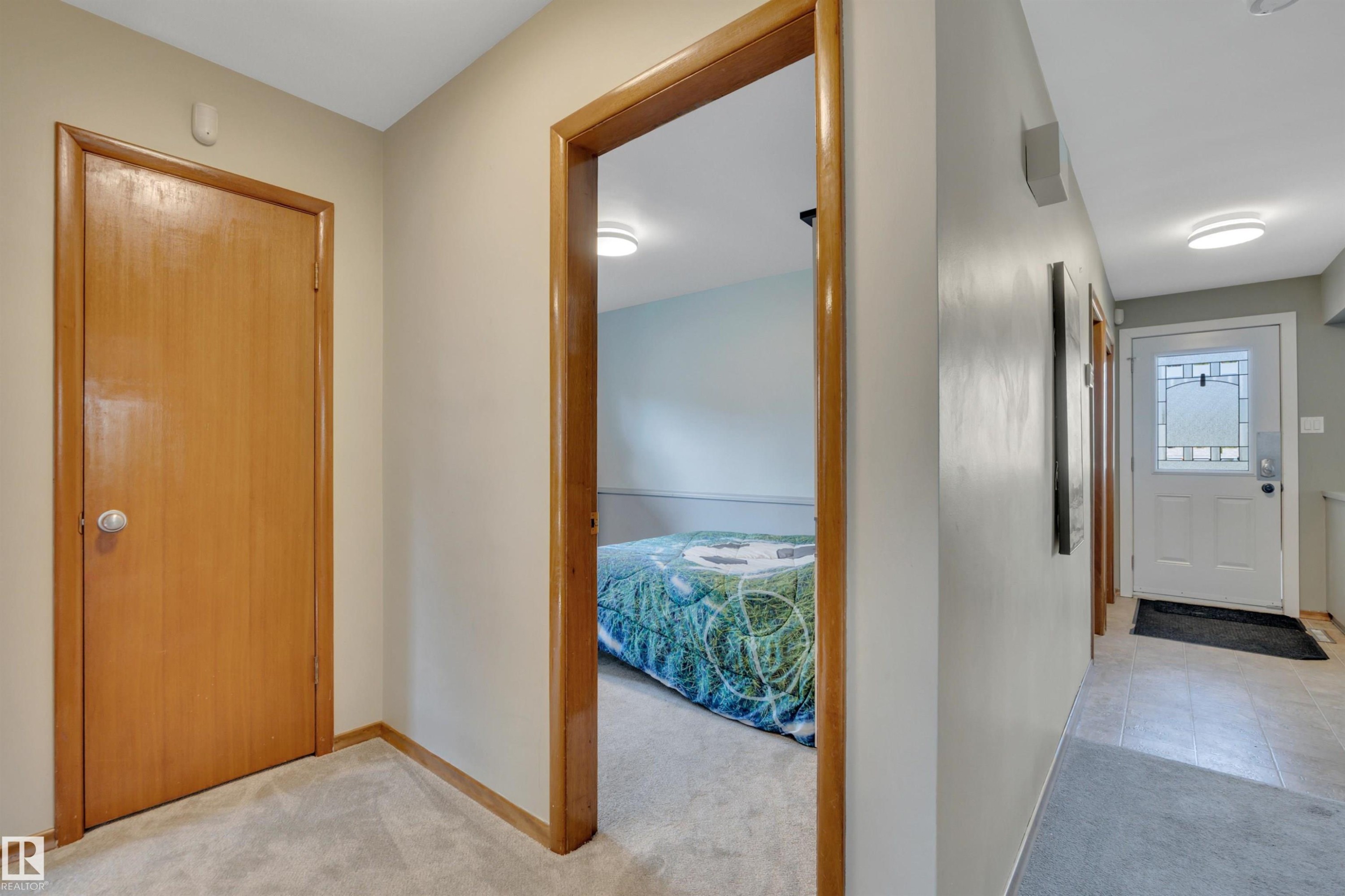 Hallway with light-colored walls and carpeted flooring - 9835 74 Street, Edmonton, AB