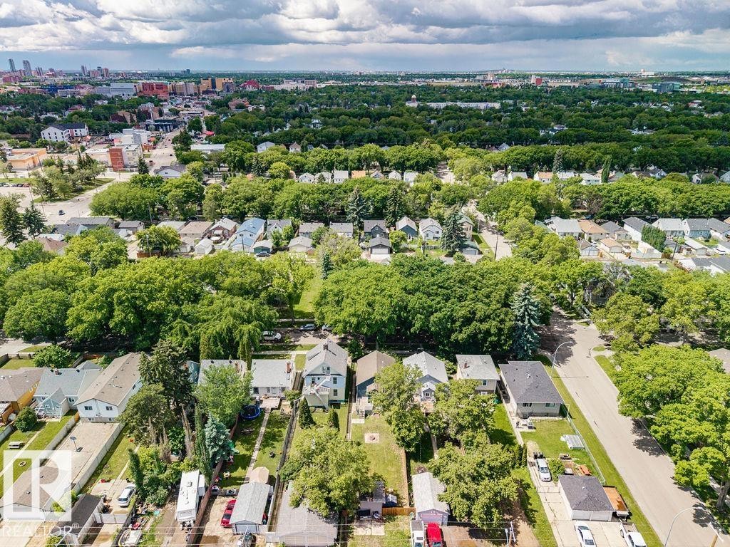 Aerial perspective showcasing a residential neighborhood with a dense tree canopy - 11241 88 Street, Edmonton, AB