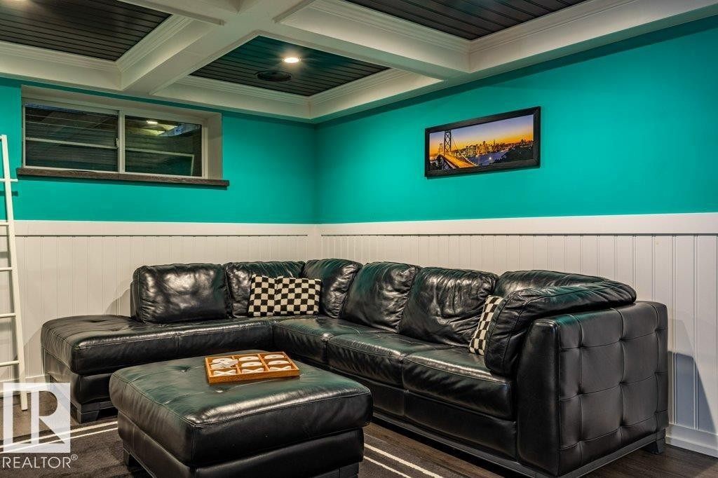 Coffered ceiling with dark panels and recessed lighting - 17123 49 Street, Edmonton, AB
