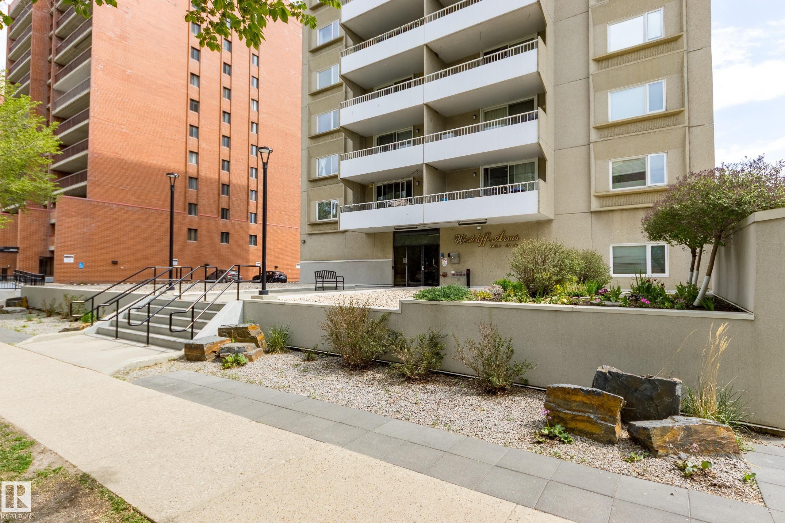 #1001 9909 110 St Nw, Edmonton, AB - Outdoor With Balcony With Facade