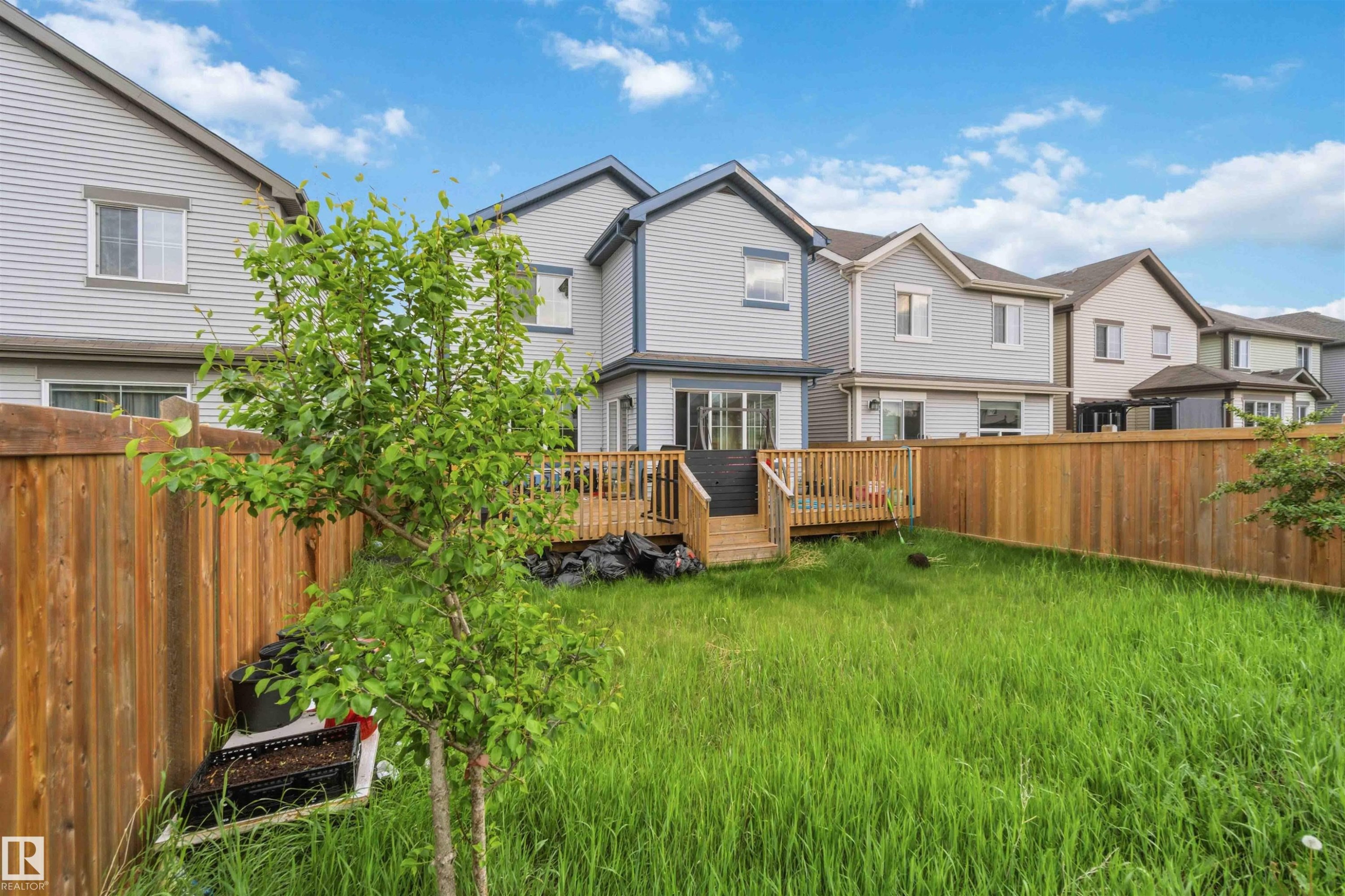 Private backyard featuring a full wood fence, a large wood deck with steps, and a mature tree - 5120 19 Avenue, Edmonton, AB