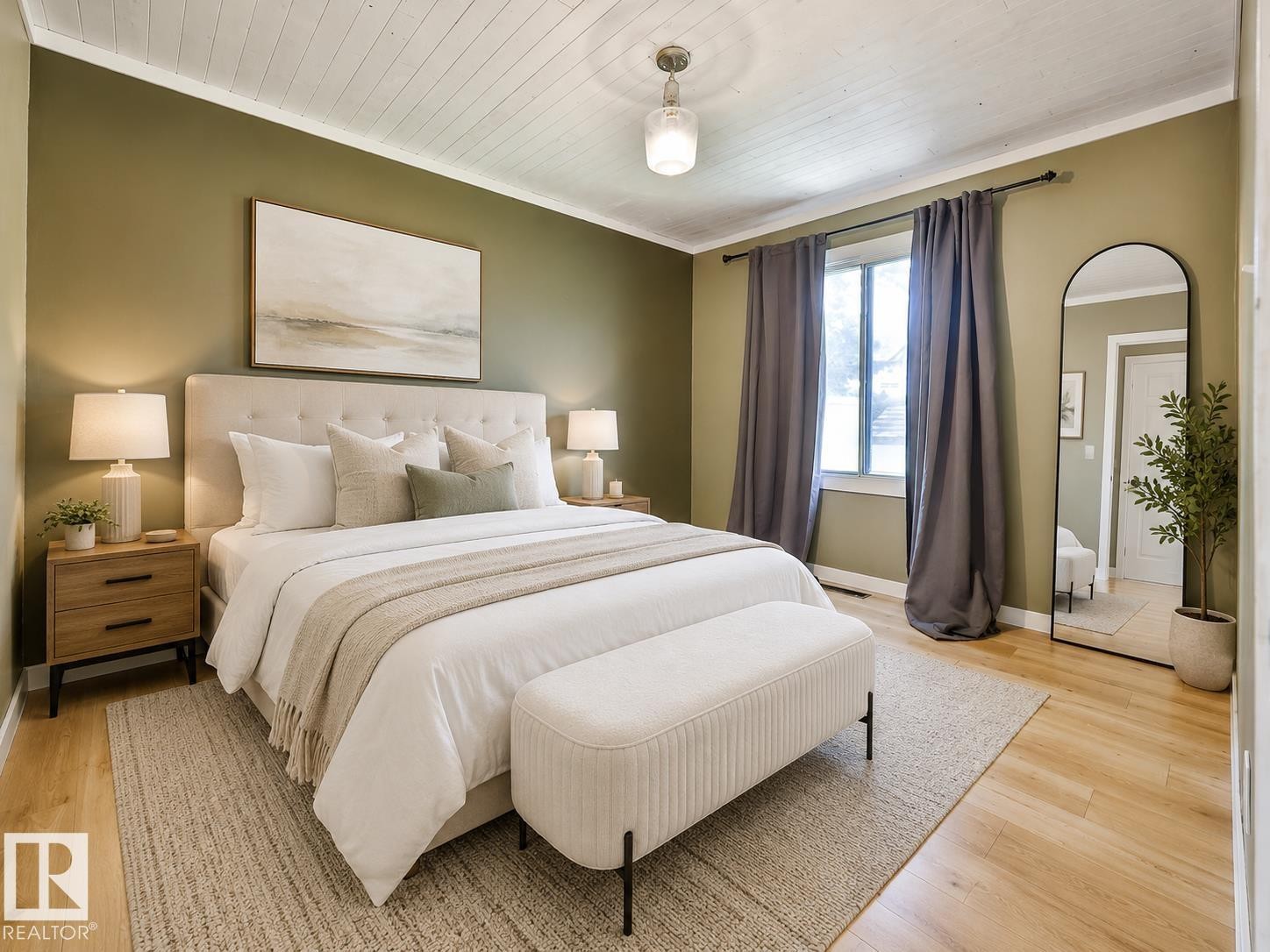 Bedroom featuring light wood-finish flooring, olive green walls, and a white plank ceiling - 8318 80 Avenue, Edmonton, AB