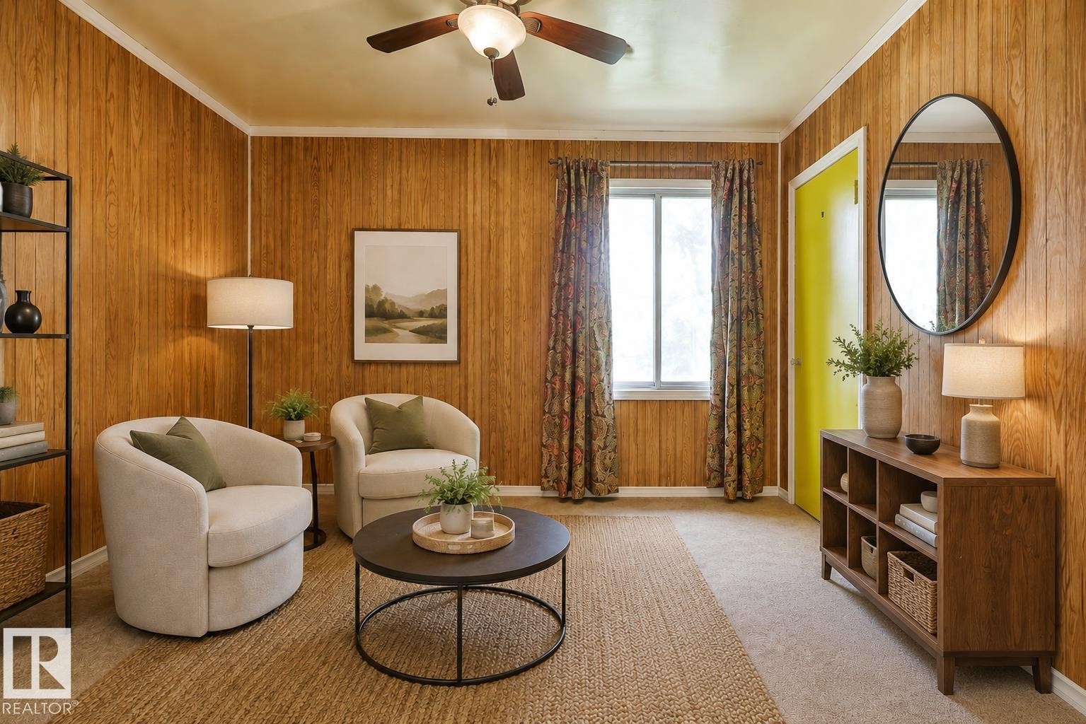 Room featuring wood-finish wall paneling, a ceiling fan, and a neutral-toned carpet with a natural fiber area rug - 8318 80 Avenue, Edmonton, AB