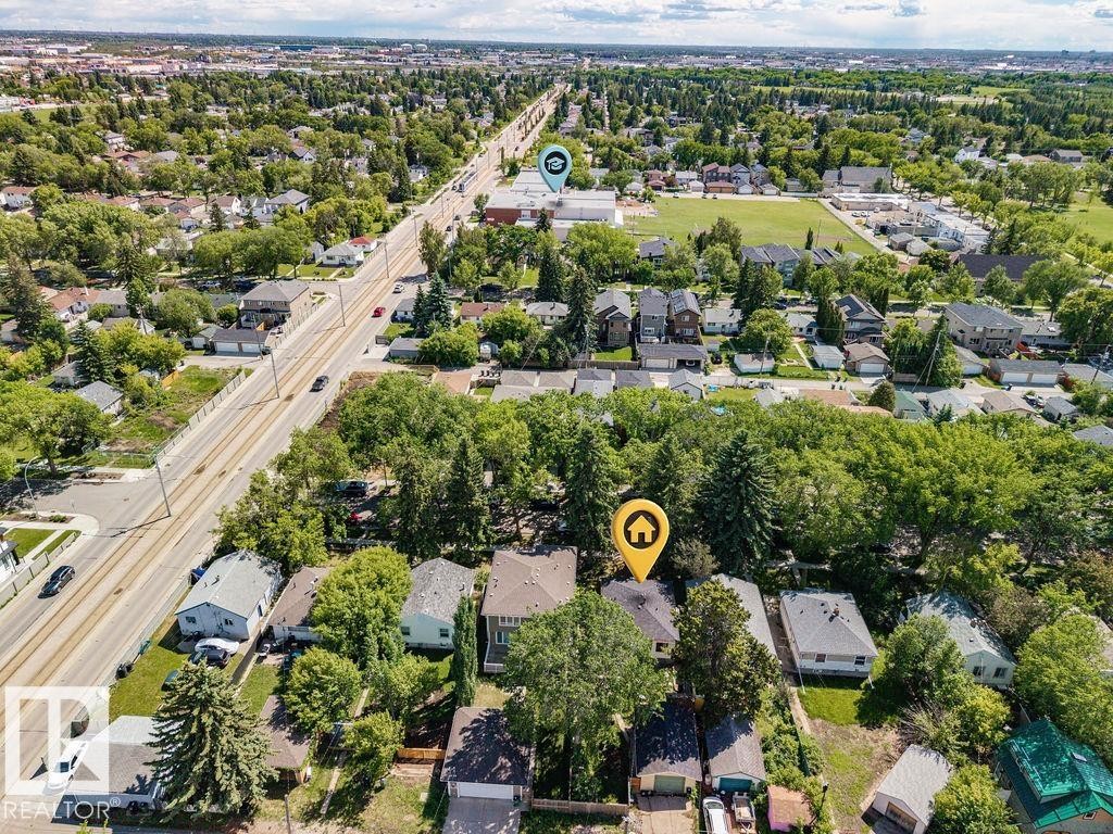 Aerial perspective showcasing a residential neighborhood with mature trees and established properties - 8318 80 Avenue Nw, Edmonton, AB - Outdoor With View