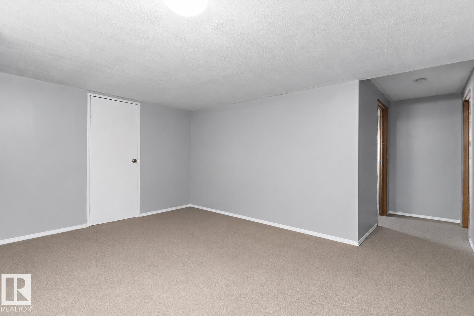 Carpeted room with light gray walls, white baseboards, and a white ceiling - 14707 33 Street, Edmonton, AB