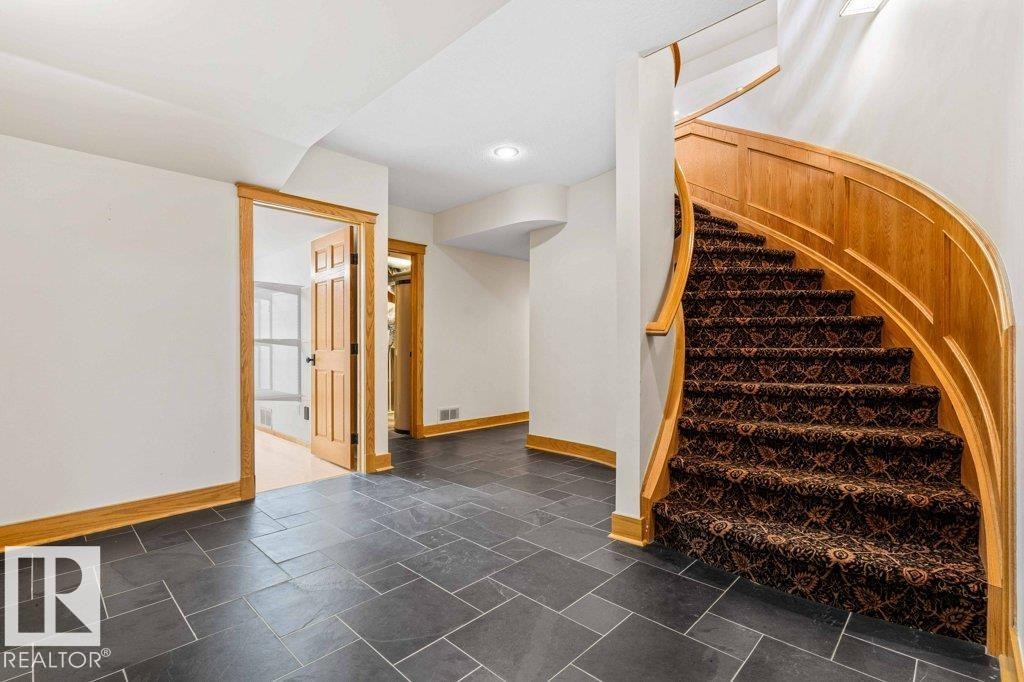 Stairway to lower level with luxury wool carpet and slate tile floor. - 738 Wheeler Road, Edmonton, AB