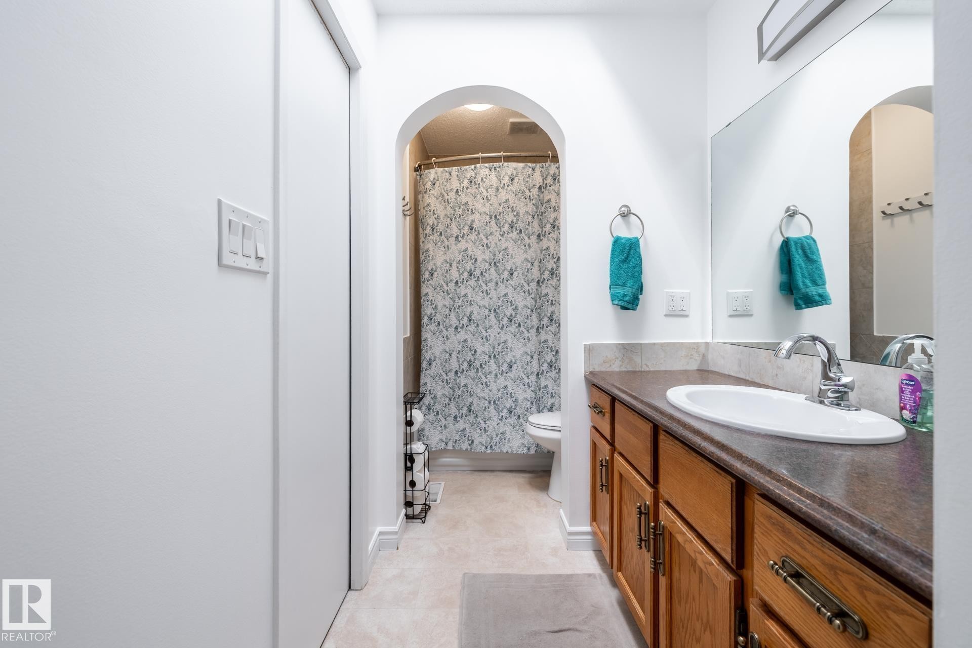 Bathroom featuring a wood-finish vanity with a built-in sink, a large mirror, and an arched doorway leading to the shower area - 27 Danforth Crescent, St. Albert, AB