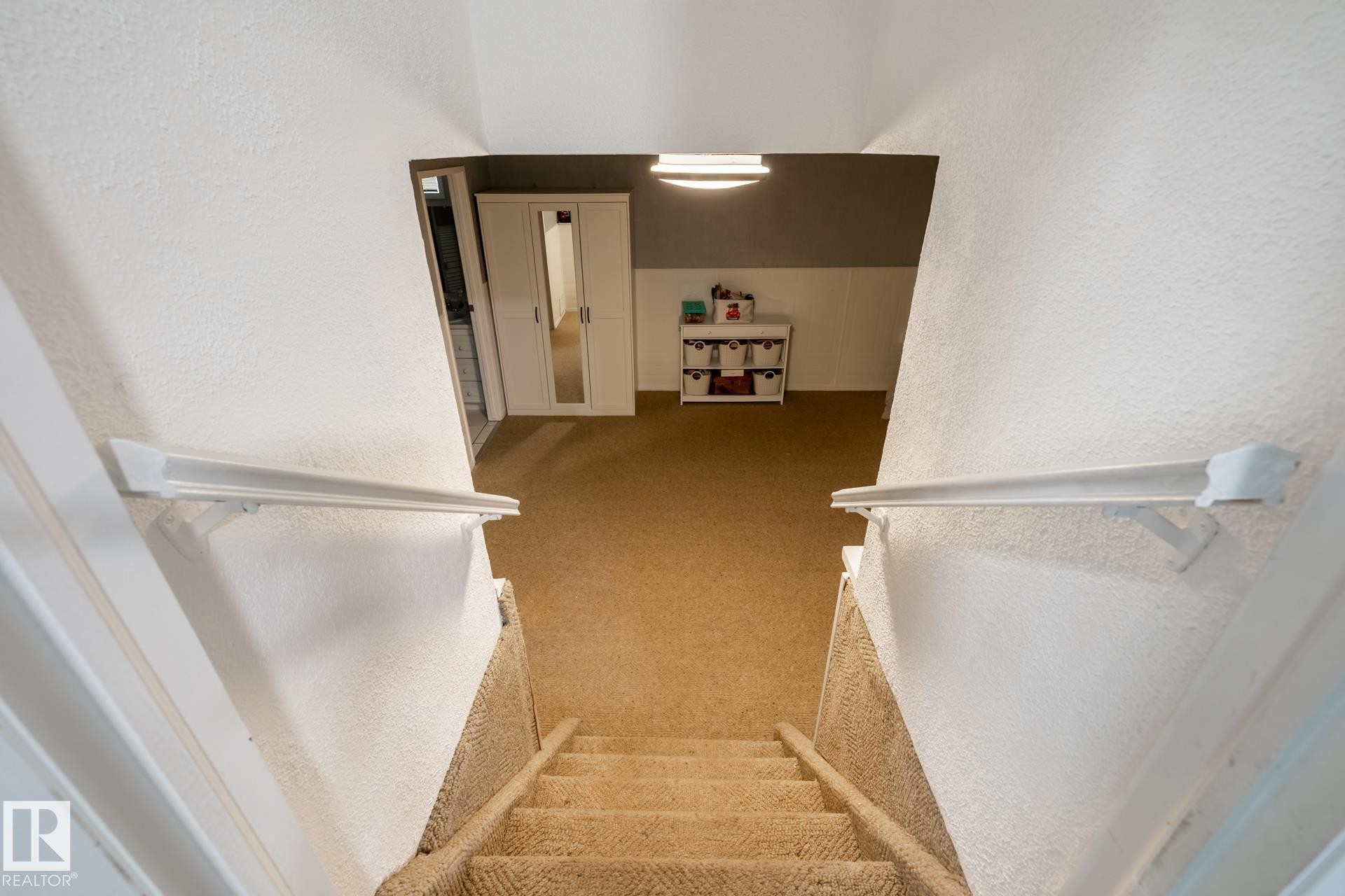 Carpeted staircase with white handrails leading to a carpeted room featuring a white and gray wall combination - 27 Danforth Crescent, St. Albert, AB