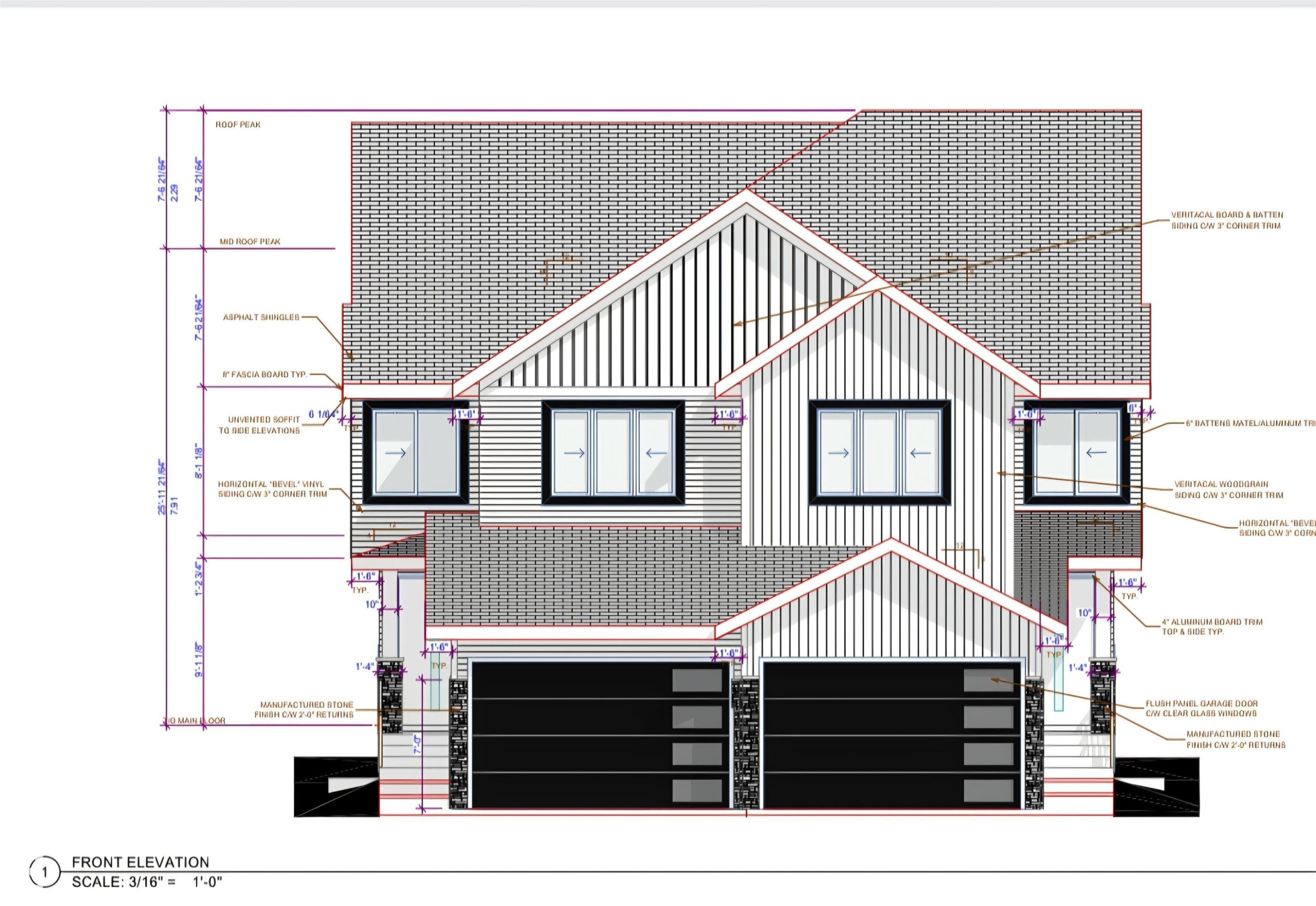 Front Elevation Blueprint. Illustrating the property's facade with material specifications and dimensions - 13108 186 Avenue, Edmonton, AB