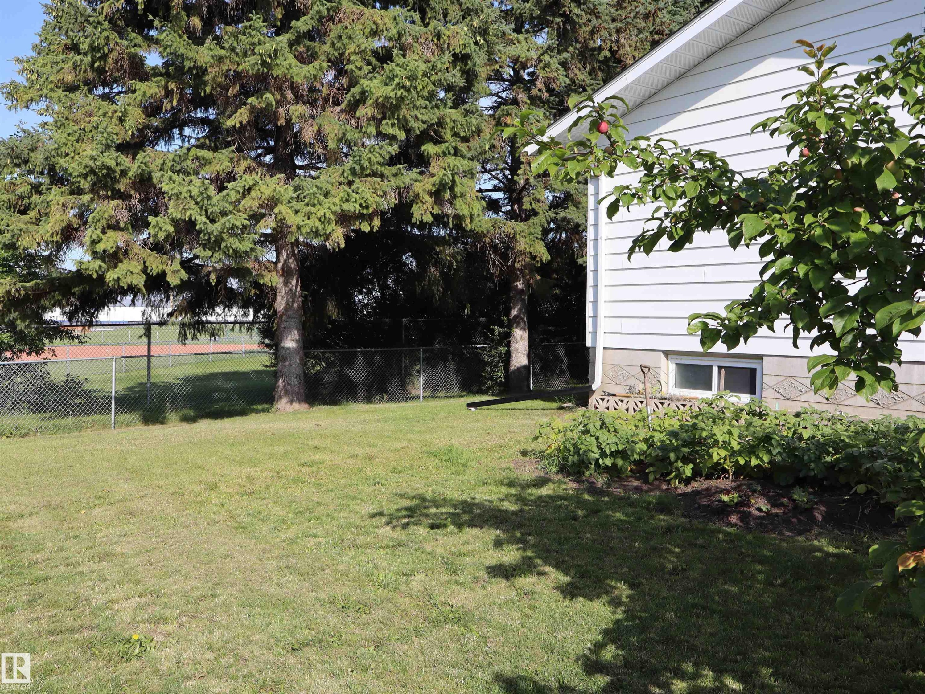 Expansive backyard featuring a manicured lawn, mature shade trees, and established landscaping beds - 5530 46 Street, Barrhead, AB - Outdoor