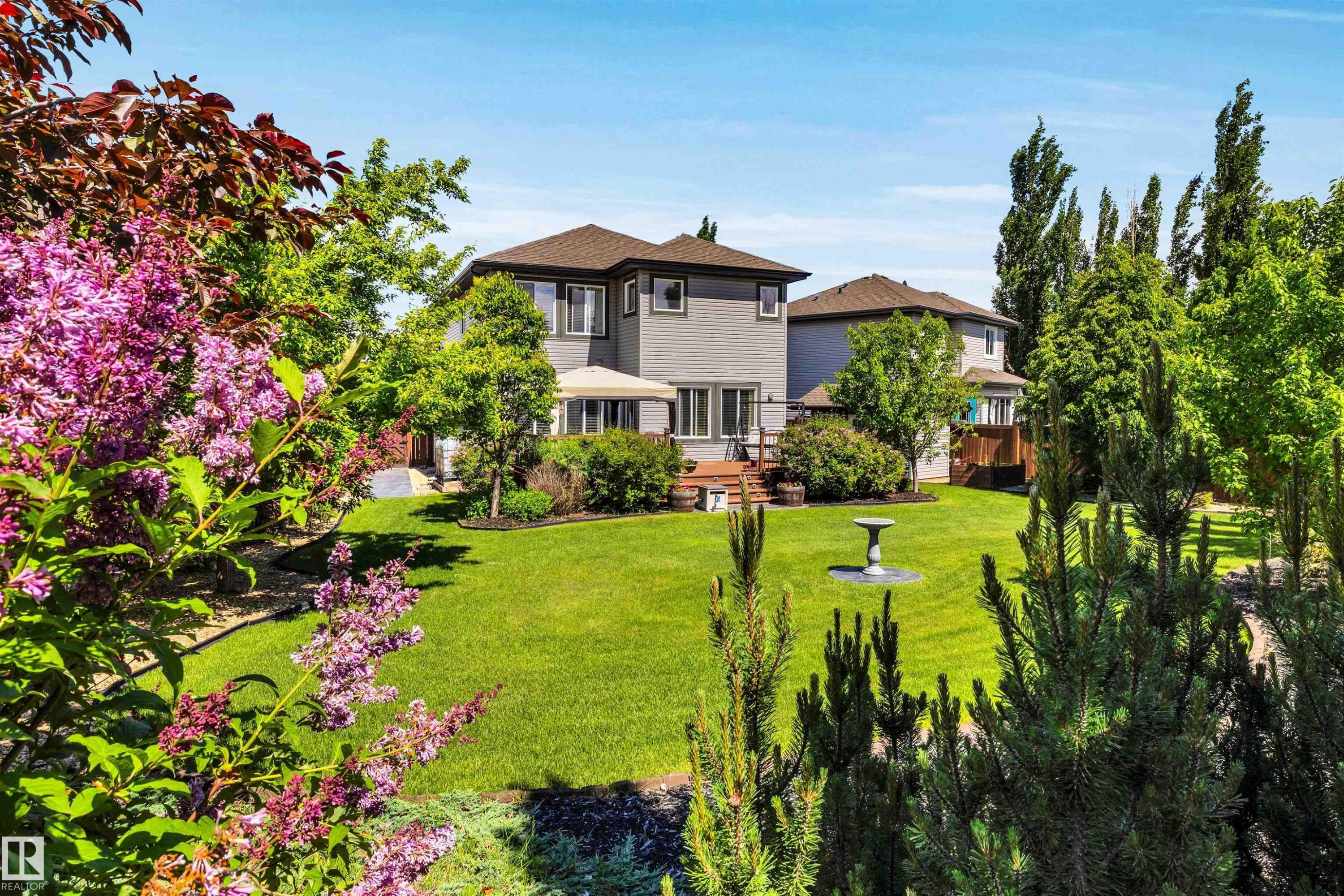Expansive rear yard featuring a manicured lawn, mature trees, flowering shrubs, and a built-in deck with a privacy screen - 18 Voleta Crest, Spruce Grove, AB