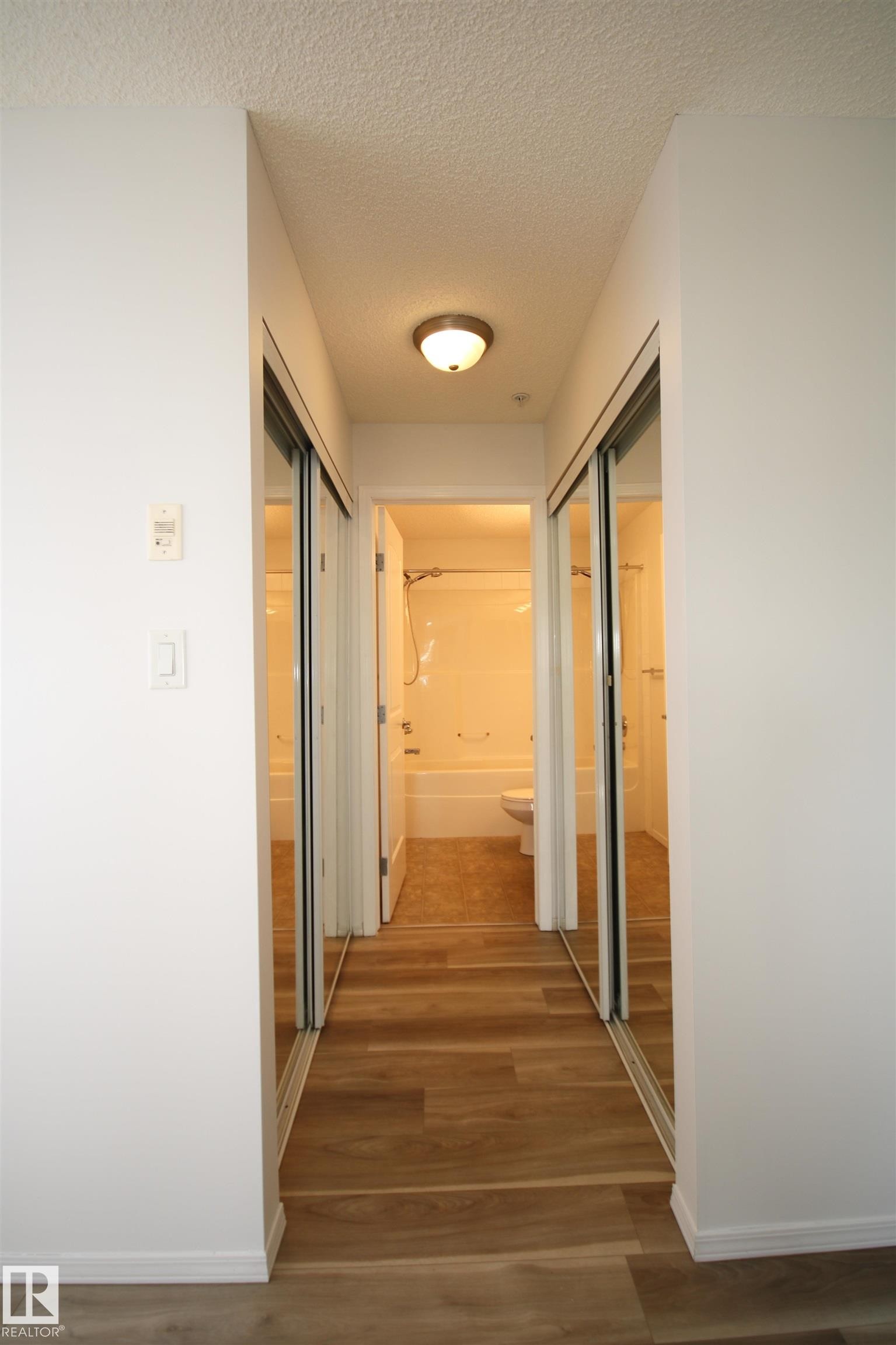 Hallway featuring wood-finish flooring, mirrored closet doors, and a ceiling-mounted light fixture - 311 2098 Blackmud Creek Drive, Edmonton, AB