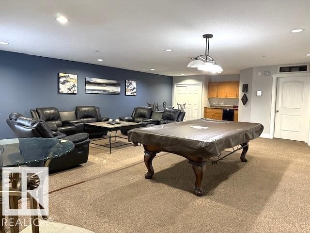 Rec room with light carpet, billiards table, and recessed lighting - 311 2098 Blackmud Creek Drive, Edmonton, AB