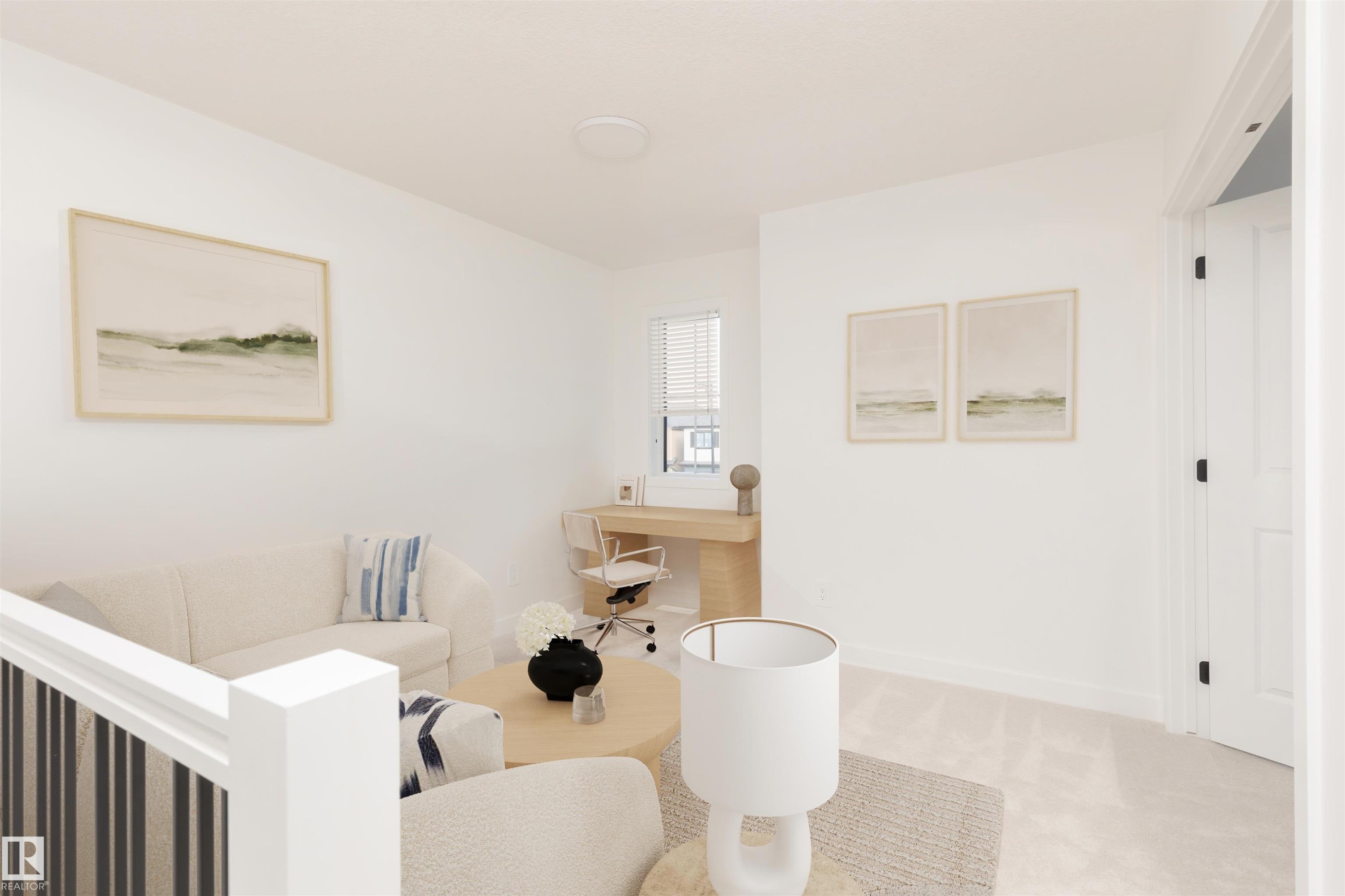 Bright open-concept space featuring light neutral wall paint, a window with horizontal blinds, neutral carpeting, and a built-in desk area - 47 Chartres Close, St. Albert, AB